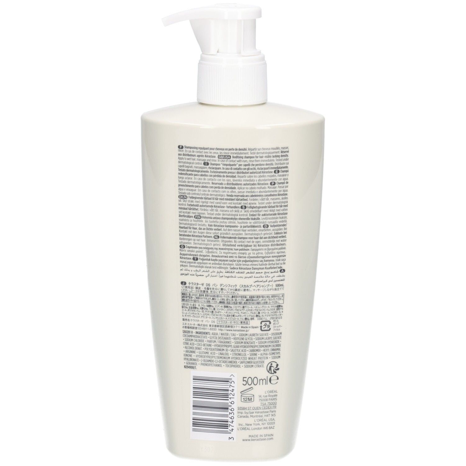 Rückseite der weißen Kérastase Bain Densité Flasche mit Pumpspender und Etikett.