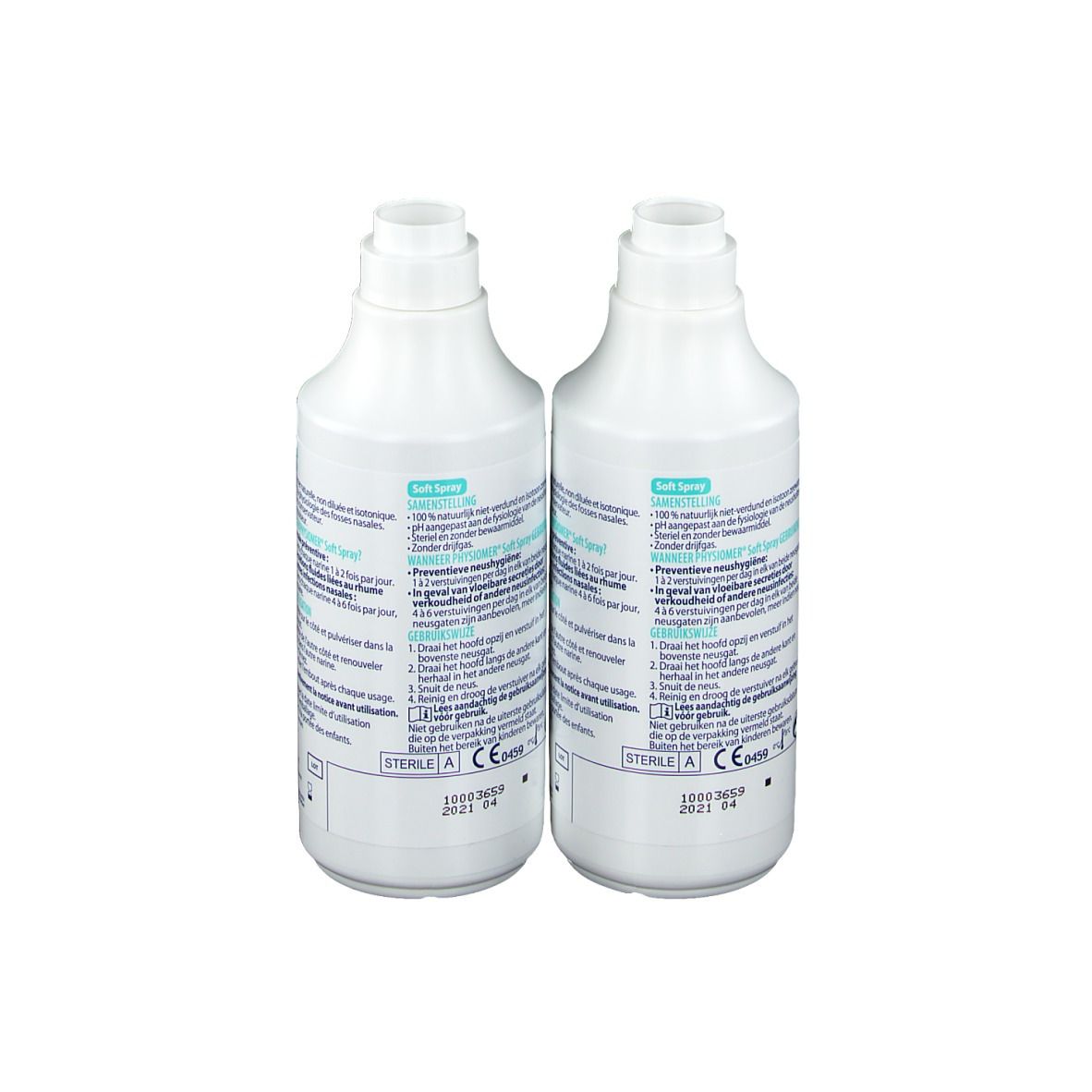 Deux flacons blancs, dos avec texte. Inscription: PHYSIOMER, Soft Spray. Informations d'utilisation.