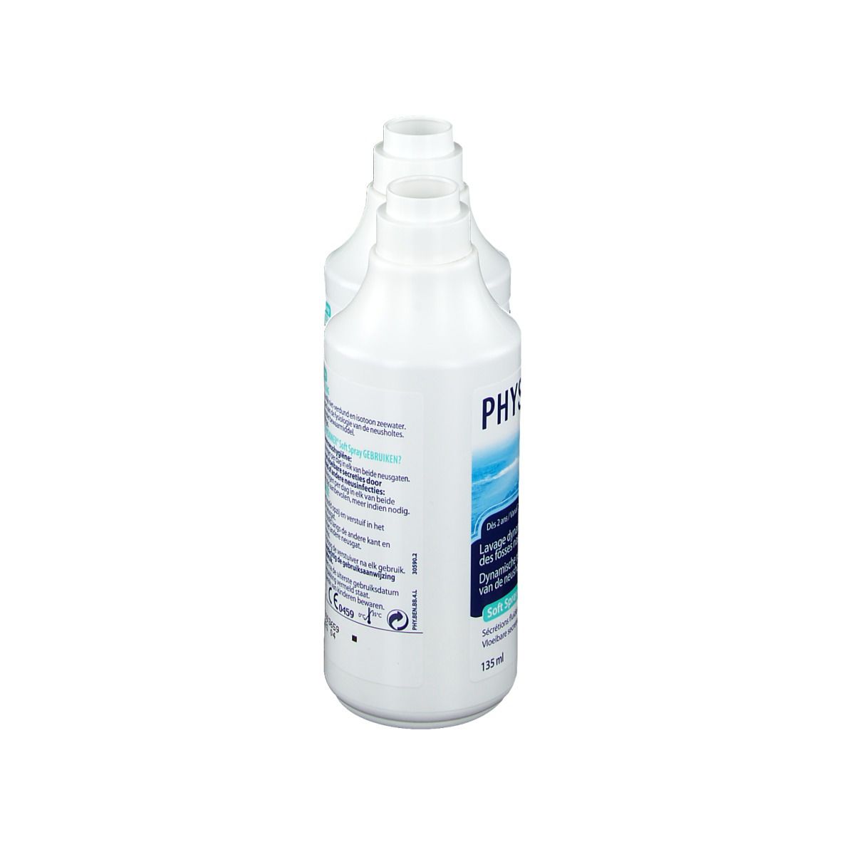 Deux flacons blancs, dos avec texte. Inscription: PHYSIOMER, Soft Spray. Informations d'utilisation.