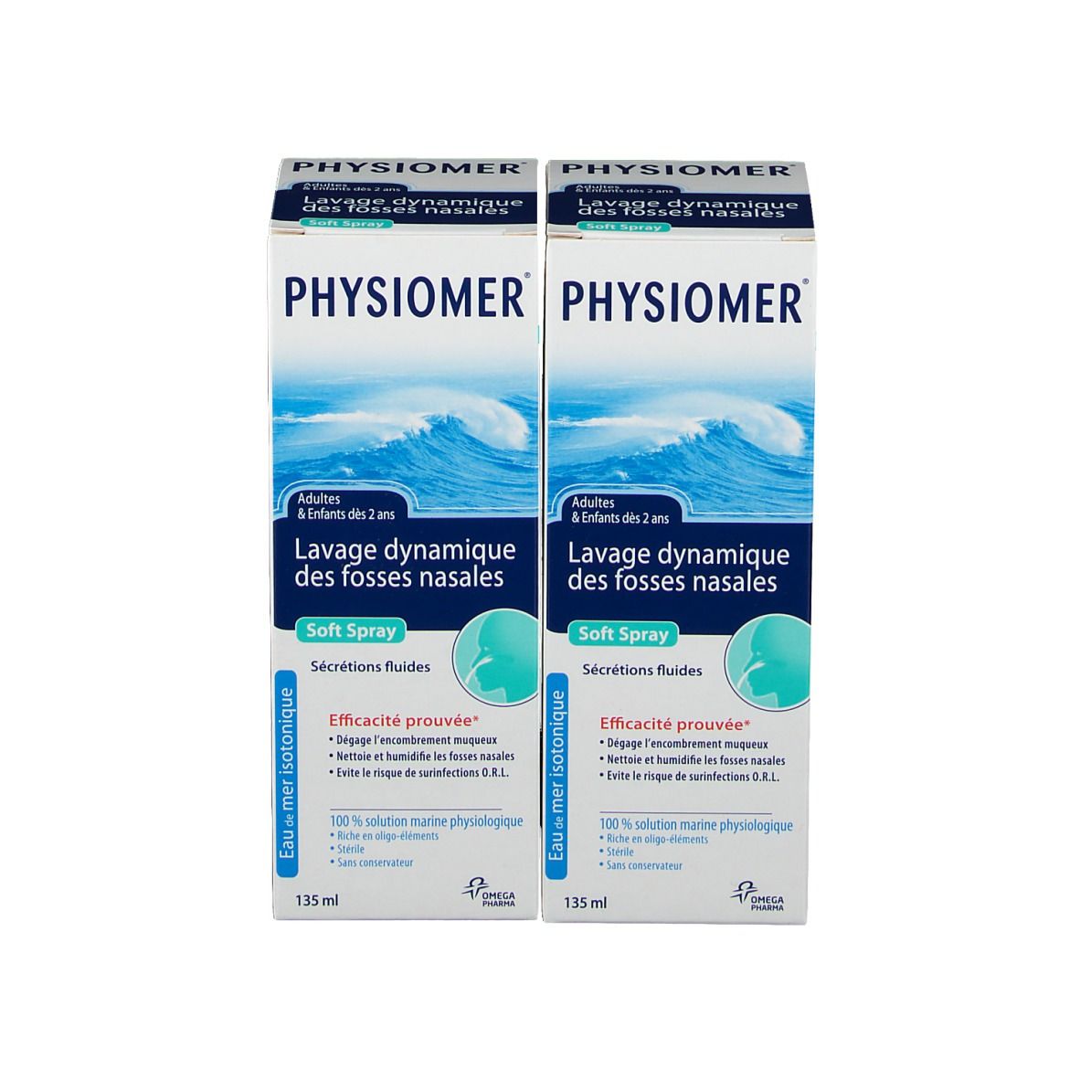 Deux boîtes avec design vagues bleues. Inscription: PHYSIOMER, Soft Spray. Spray nasal. 135 ml.