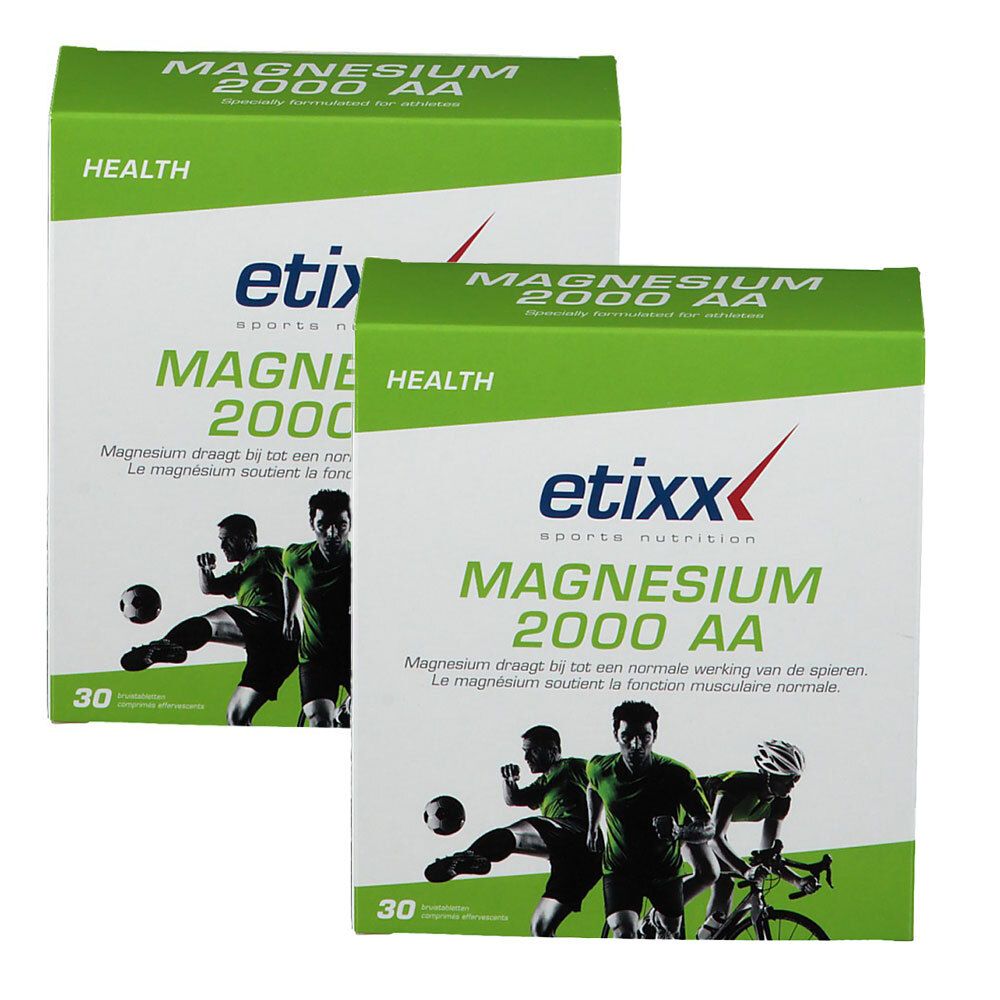 Zwei Packungen Etixx Magnesium 2000 AA Brausetabletten mit Sportlern auf der Vorderseite.