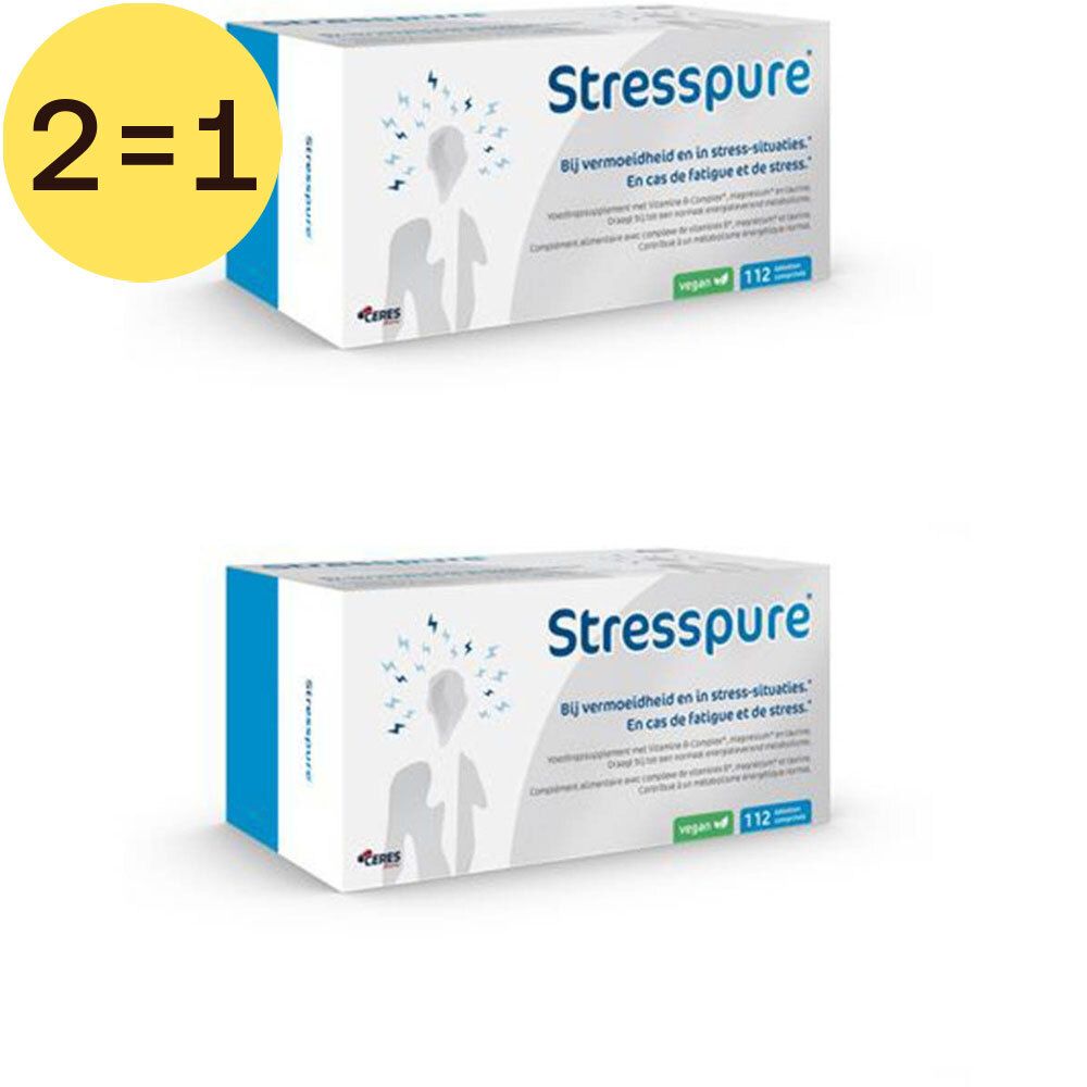 Deux boîtes blanches avec le logo "Stresspure" et du texte. Inscription "1+1 GRATUIT".