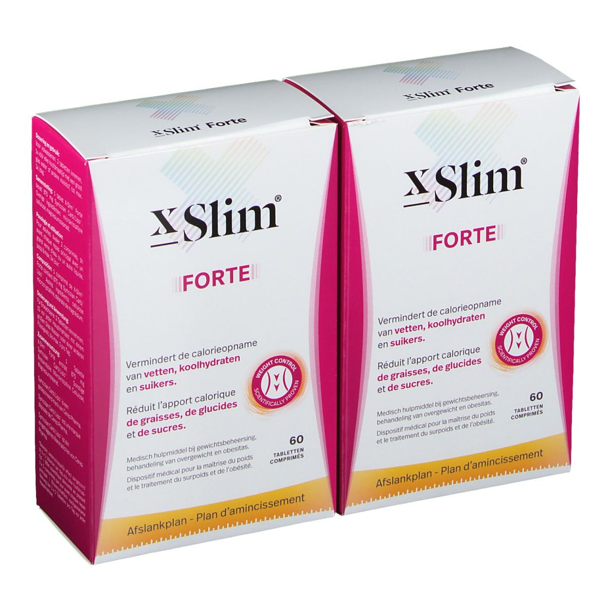 Deux boîtes X-Slim Forte. Emballage blanc avec accents roses. Texte: Forte, 60 comprimés. Réduit l'apport calorique.