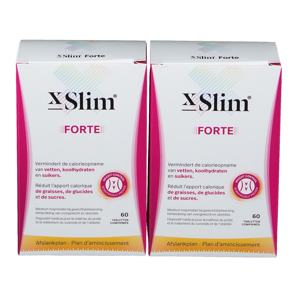 Deux boîtes X-Slim Forte. Emballage blanc avec accents roses. Texte: Forte, 60 comprimés. Contrôle du poids.