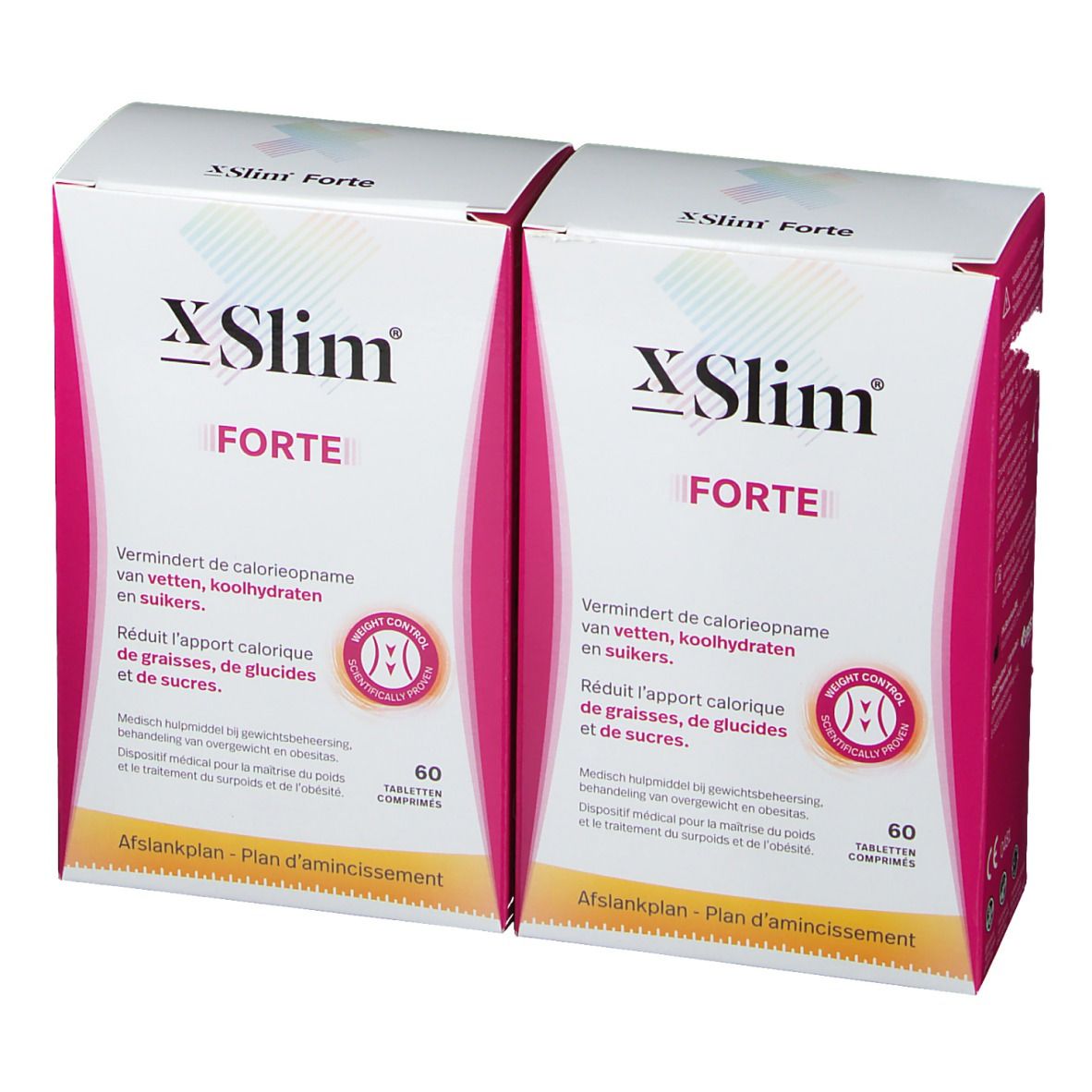 Deux boîtes X-Slim Forte. Emballage blanc avec accents roses. Texte: Forte, 60 comprimés. Contrôle du poids.