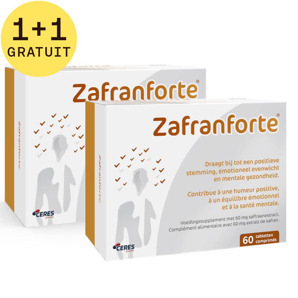 Deux boîtes de Zafranforte. Inscription : Zafranforte, 1+1 gratuit. Contient 60 comprimés. Avec logo Ceres.