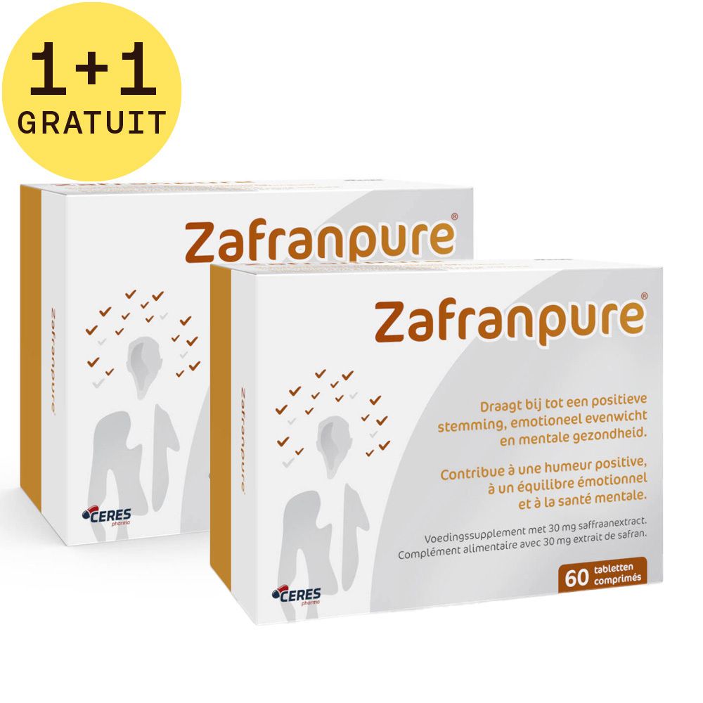 Deux boîtes de ZafranPure. Inscription "1+1 gratuit". Sur une boîte: 60 comprimés. Texte en néerlandais et en français.
