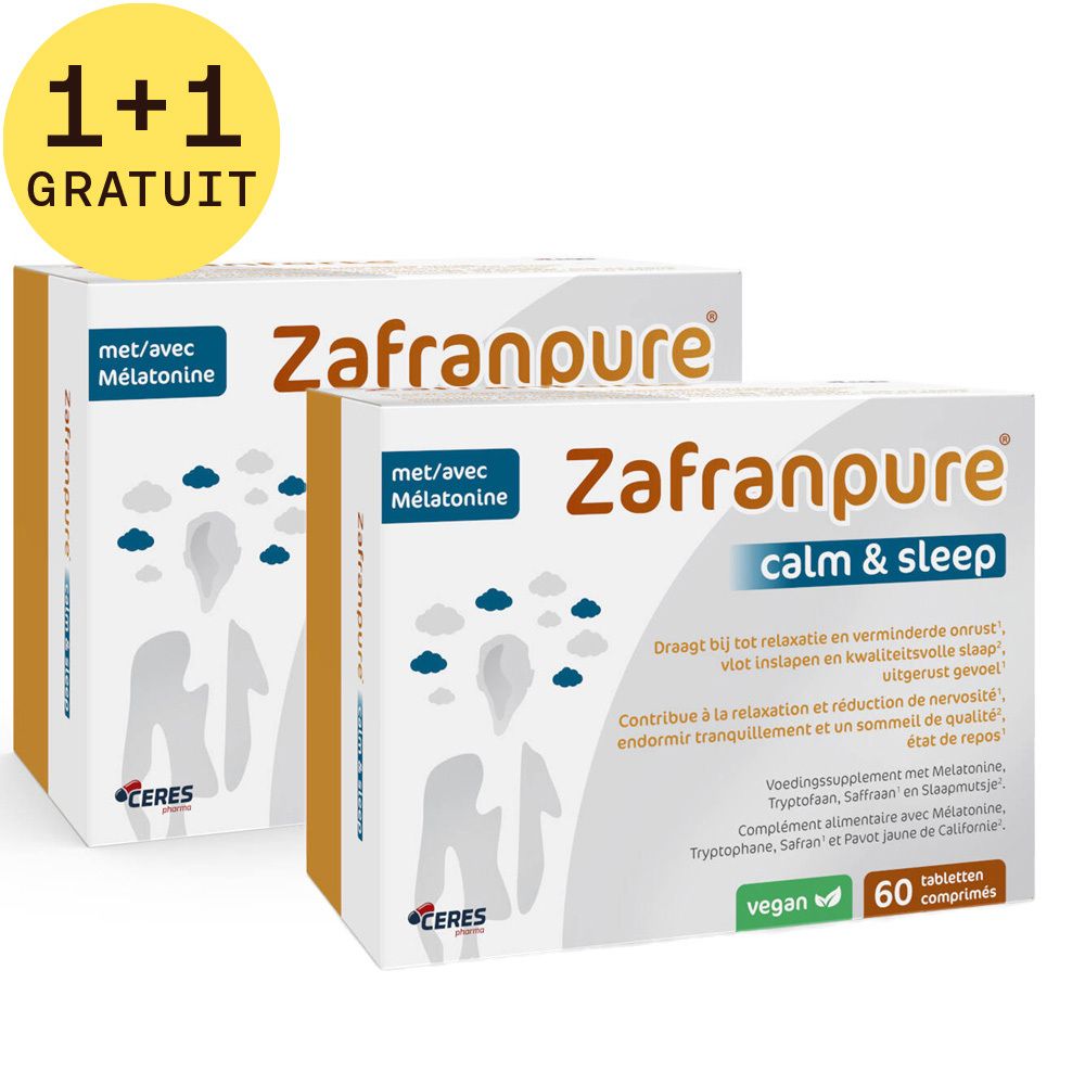 Deux boîtes de Zafranpure avec "Calm & Sleep". Autocollant 1+1 gratuit. Label vegan et 60 comprimés.