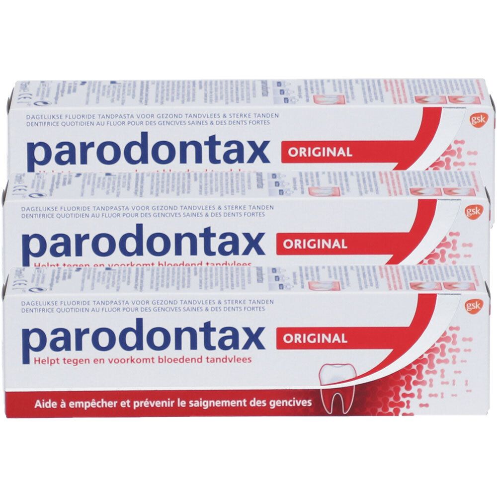 Drie verpakkingen parodontax ORIGINAL tandpasta. Rode en witte verpakking met tekst in meerdere talen en een tand illustratie.