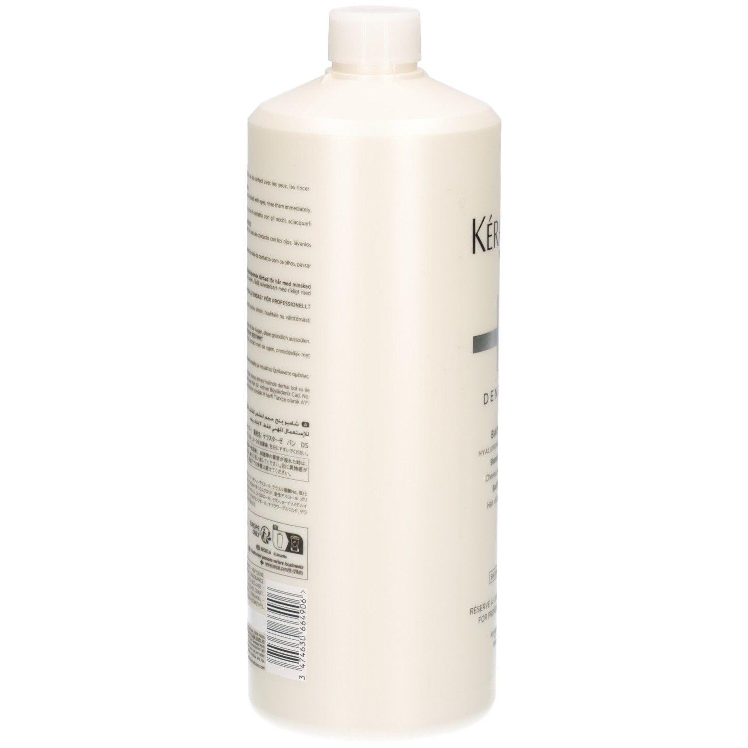 Retro del flacone Kérastase Densifique Bain Densité Shampoo con ingredienti e istruzioni.