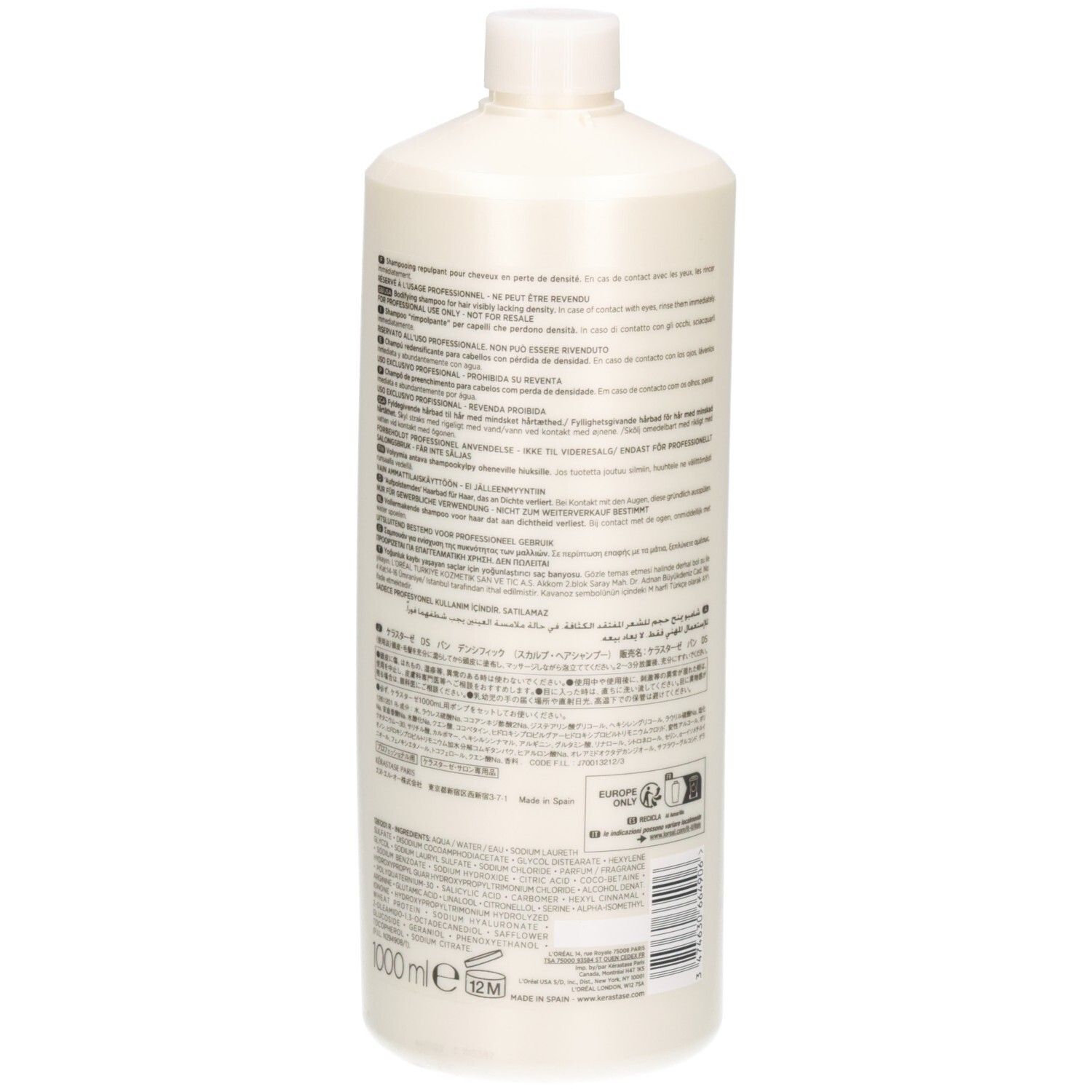 Retro del flacone Kérastase Densifique Bain Densité Shampoo con informazioni dettagliate e volume.