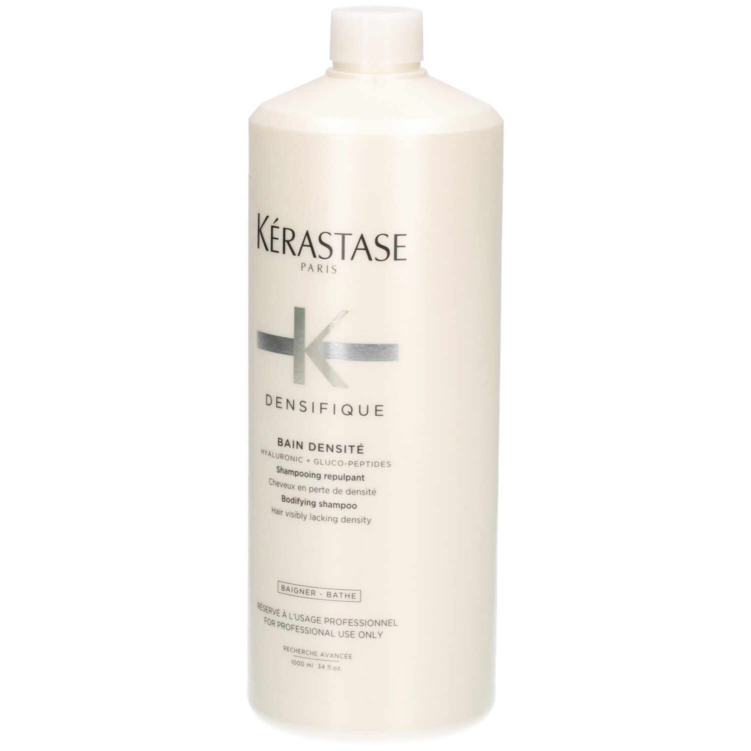 Kérastase Densifique Bain Densité Shampoo, 1000ml. Flacone bianco con logo argento e testo.