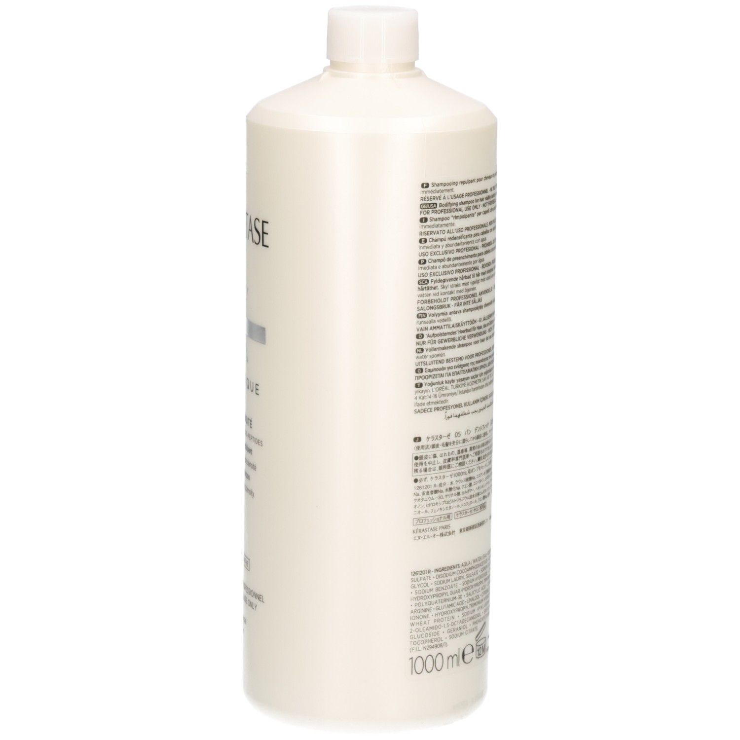 Vista laterale del flacone Kérastase Densifique Bain Densité Shampoo con testo e volume.