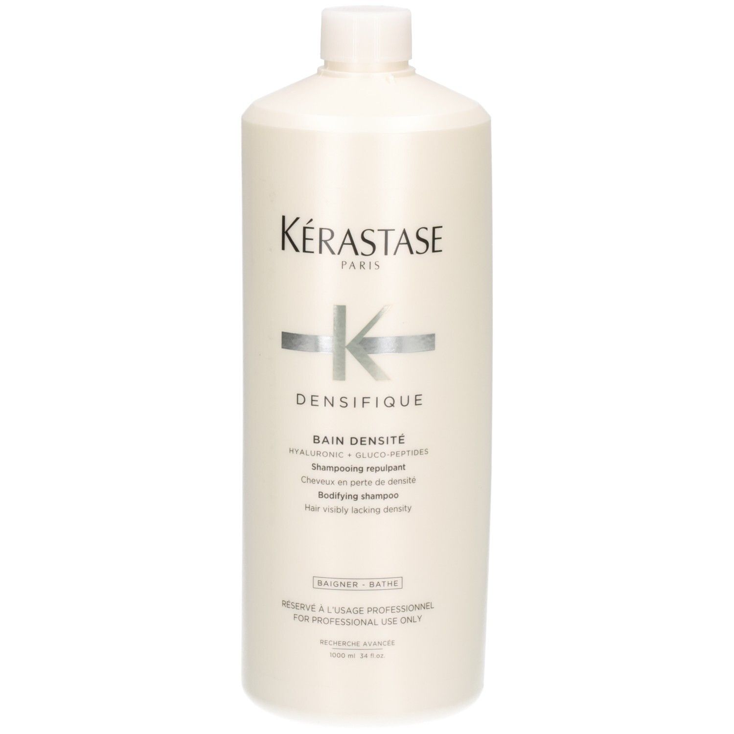 Kérastase Densifique Bain Densité Shampoo, 1000ml. Flacone bianco con logo argento e testo.