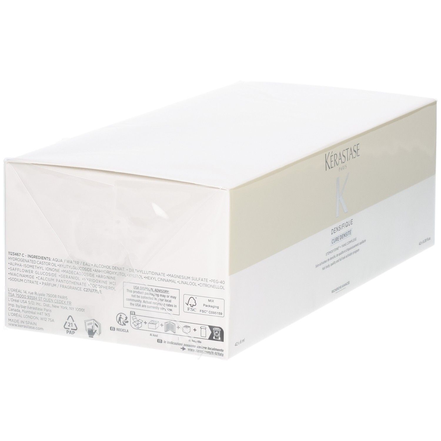 Rückseite der Kérastase Densifique Cure Densifique Femme Verpackung mit Inhaltsstoffen und Symbolen.