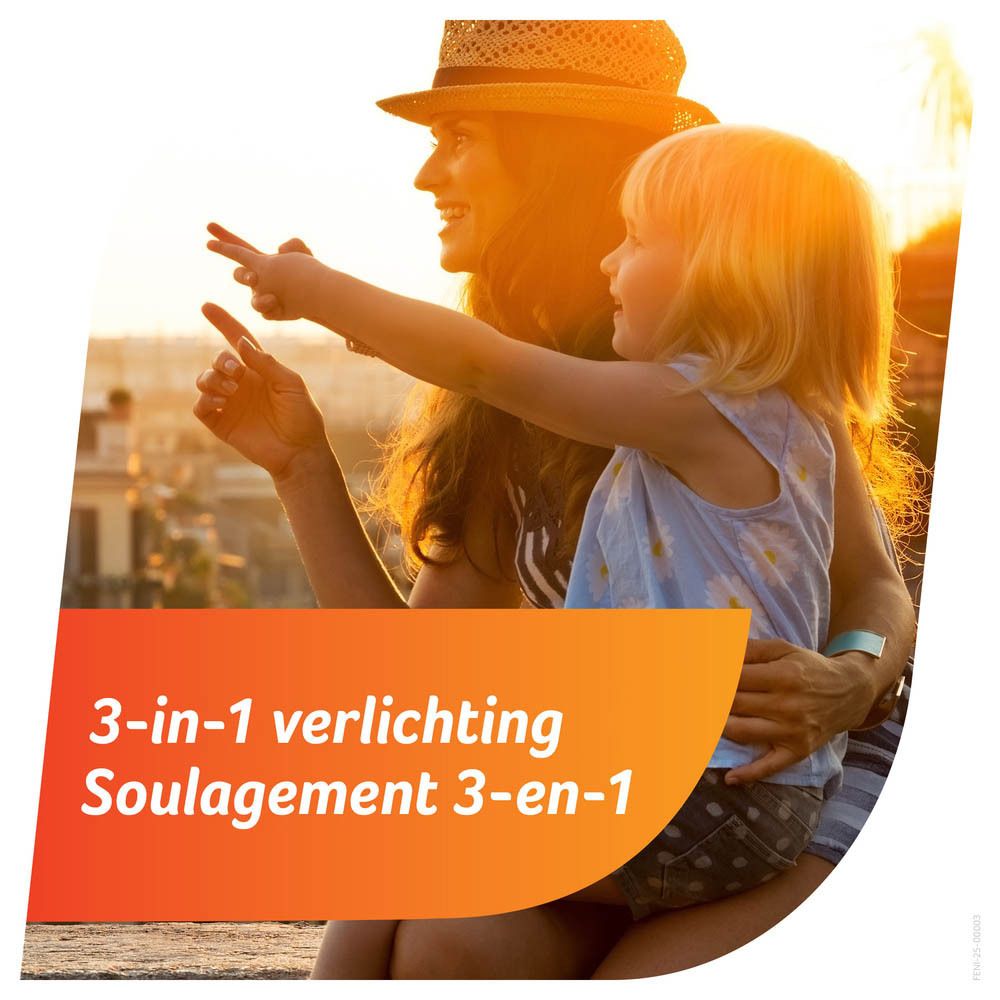 Une femme et un enfant pointent quelque chose. Texte: 3-in-1 verlichting, Soula-gement 3-en-1. Arrière-plan: coucher de soleil.