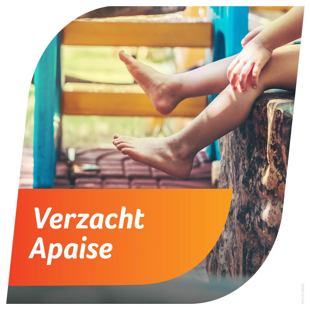 Enfant avec une jambe. Texte: Verzacht, Apaise. Arrière-plan: aire de jeux.