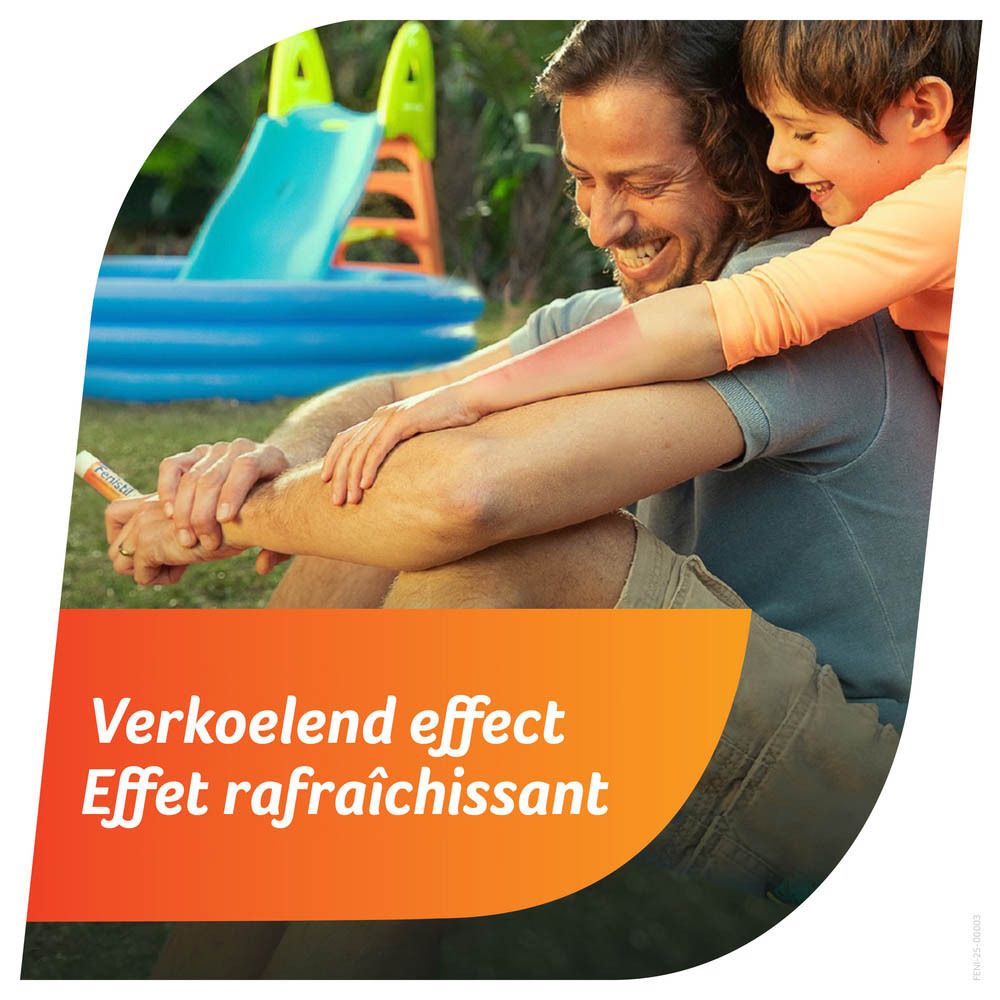 Homme et enfant dans le jardin. Texte: Verkoelend effect, Effet rafraîchissant. L'homme tient un tube.