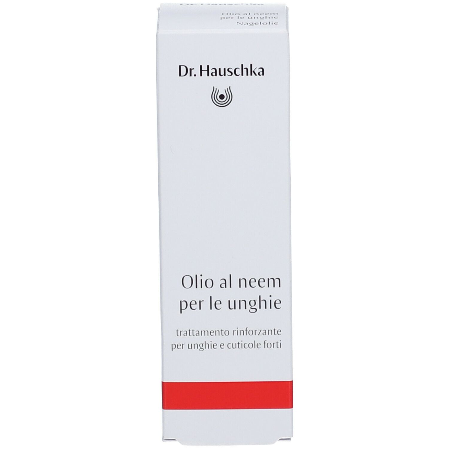 Verpackung mit Text und Logo. Weiß mit rotem Streifen. Marke Dr. Hauschka.