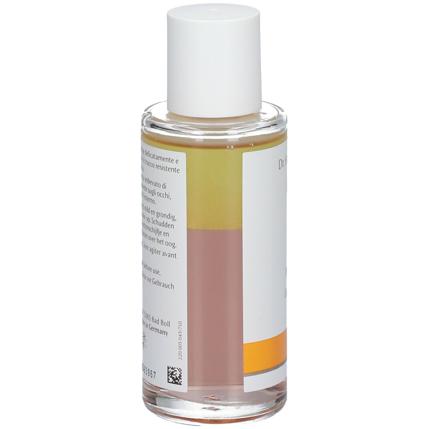 Rückansicht der Augen Make-up Entferner Flasche. Etikett mit Text in mehreren Sprachen.