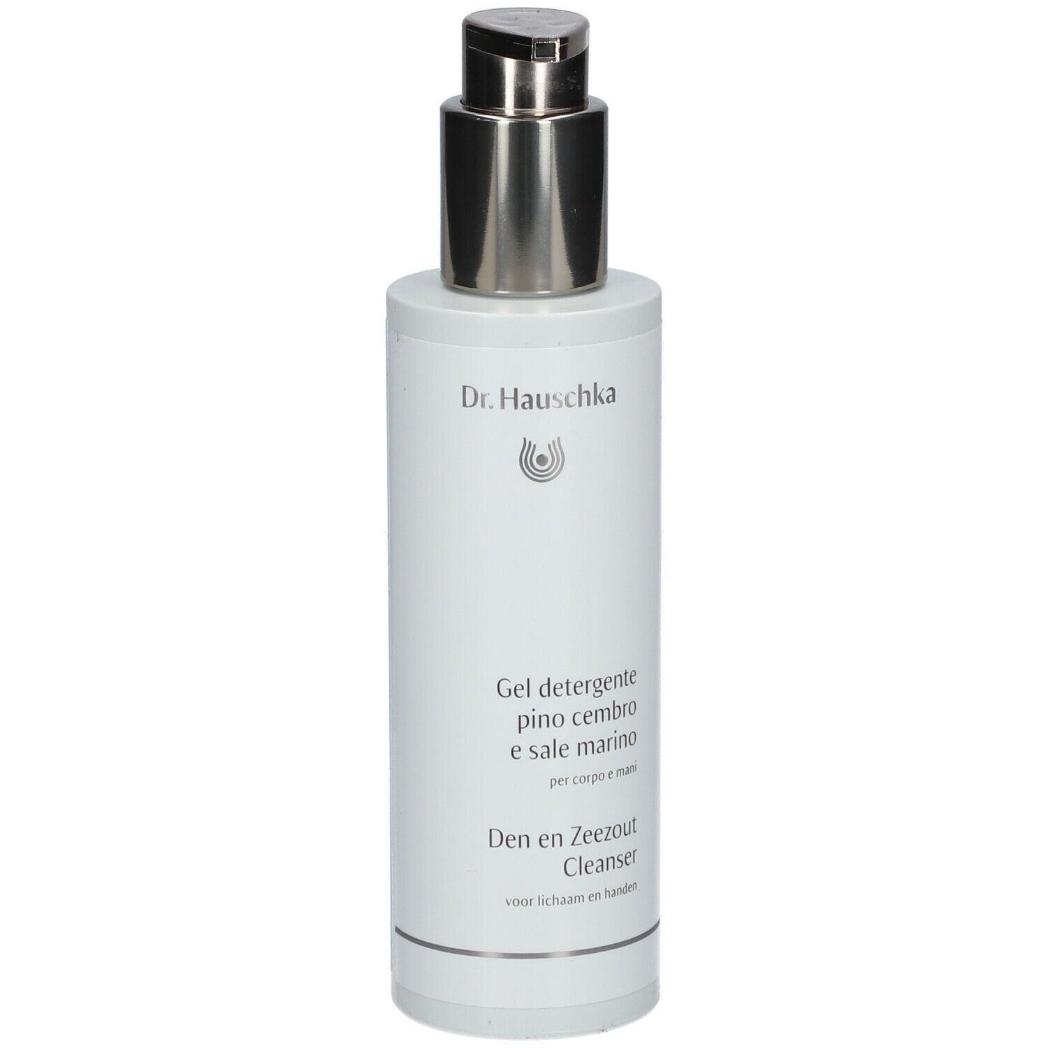 Weisse Flasche mit silbernem Pumpkopf. Aufschrift: Dr. Hauschka, Gel detergente, Den en Zeezout Cleanser.