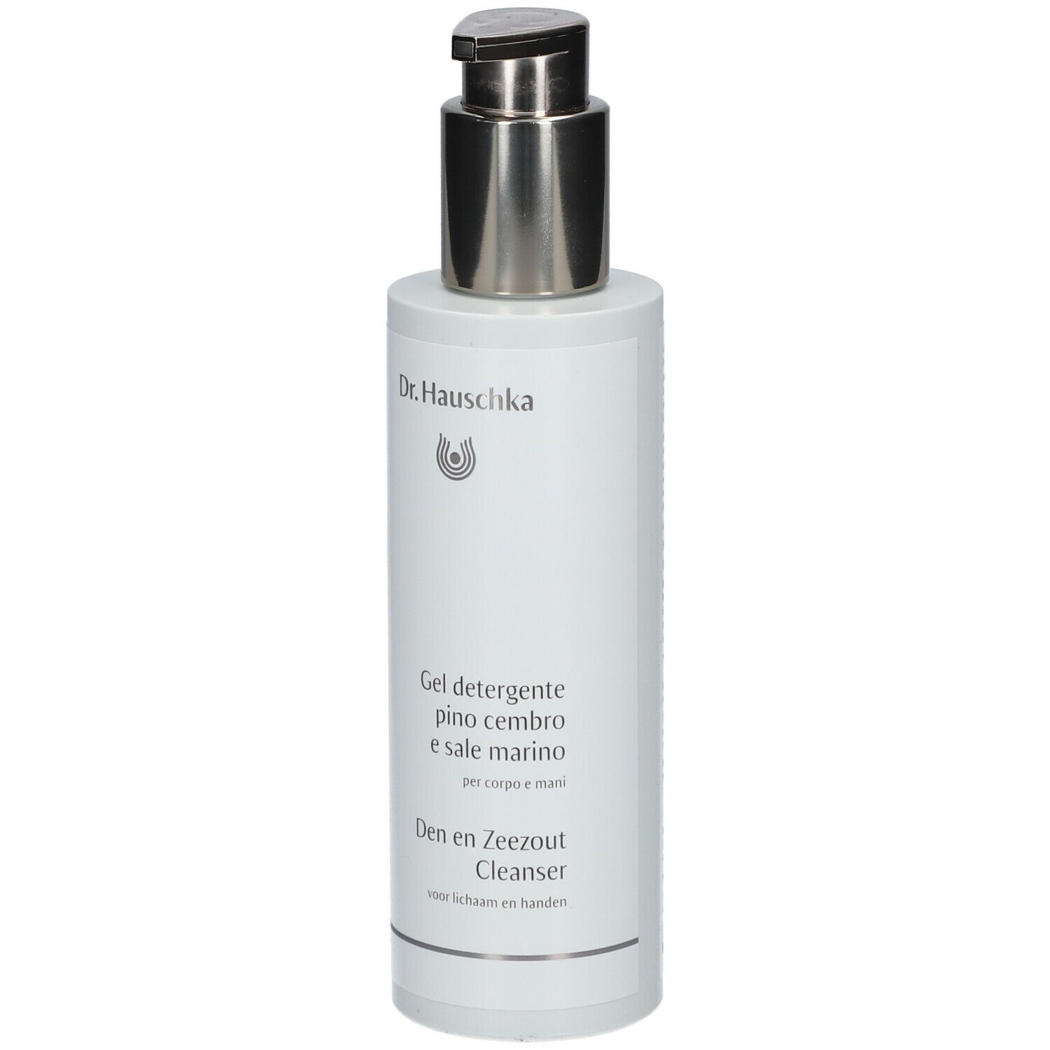 Weisse Flasche mit silbernem Pumpkopf. Aufschrift: Dr. Hauschka, Gel detergente, Den en Zeezout Cleanser.