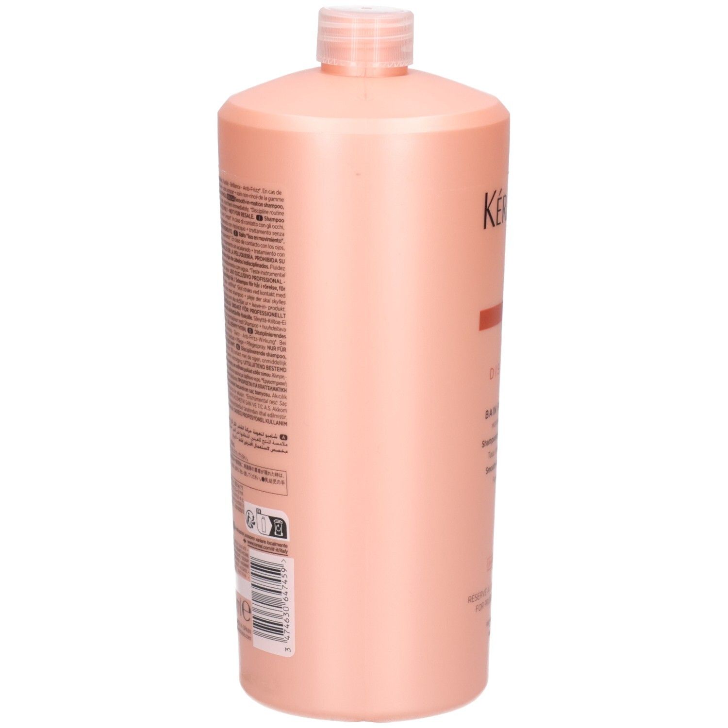 Rückseite der Kérastase Discipline Bain Fluidealiste Shampoo Flasche mit Text.
