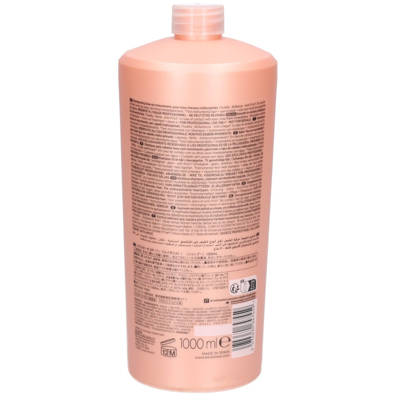 Rückseite der Kérastase Discipline Bain Fluidealiste Shampoo Flasche, 1000 ml.