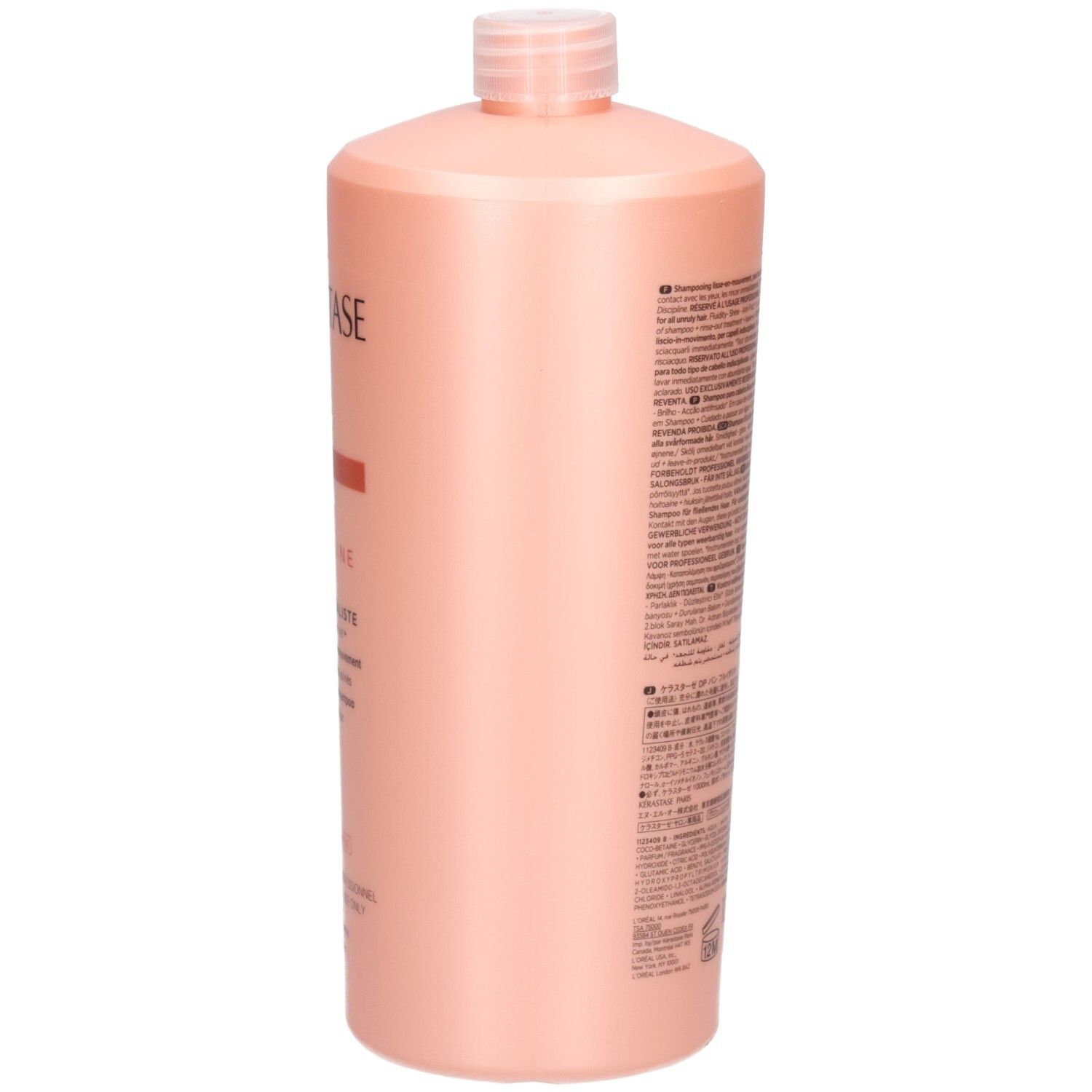 Seite der Kérastase Discipline Bain Fluidealiste Shampoo Flasche mit Text.