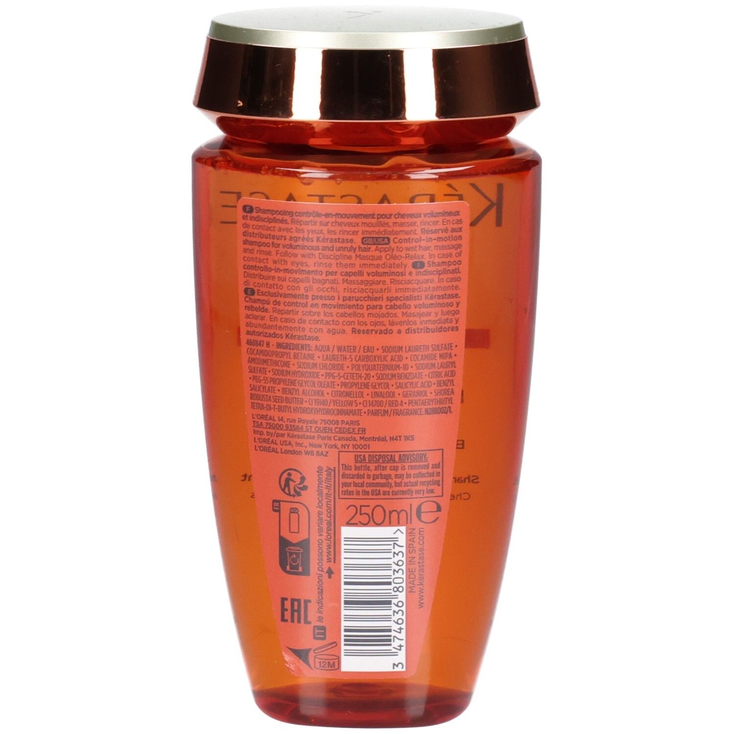 Kérastase Discipline Bain Oleo-Relax Shampoo, 250ml, Rückseite der orangefarbenen Flasche mit Etikett.