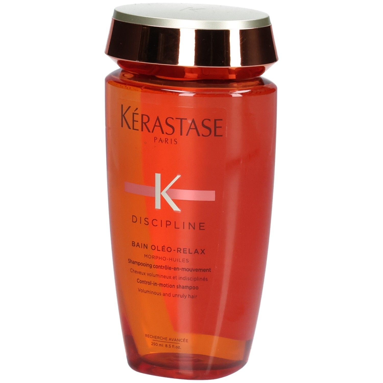 Kérastase Discipline Bain Oleo-Relax Shampoo, 250ml, orangefarbene Flasche mit goldenem Deckel.