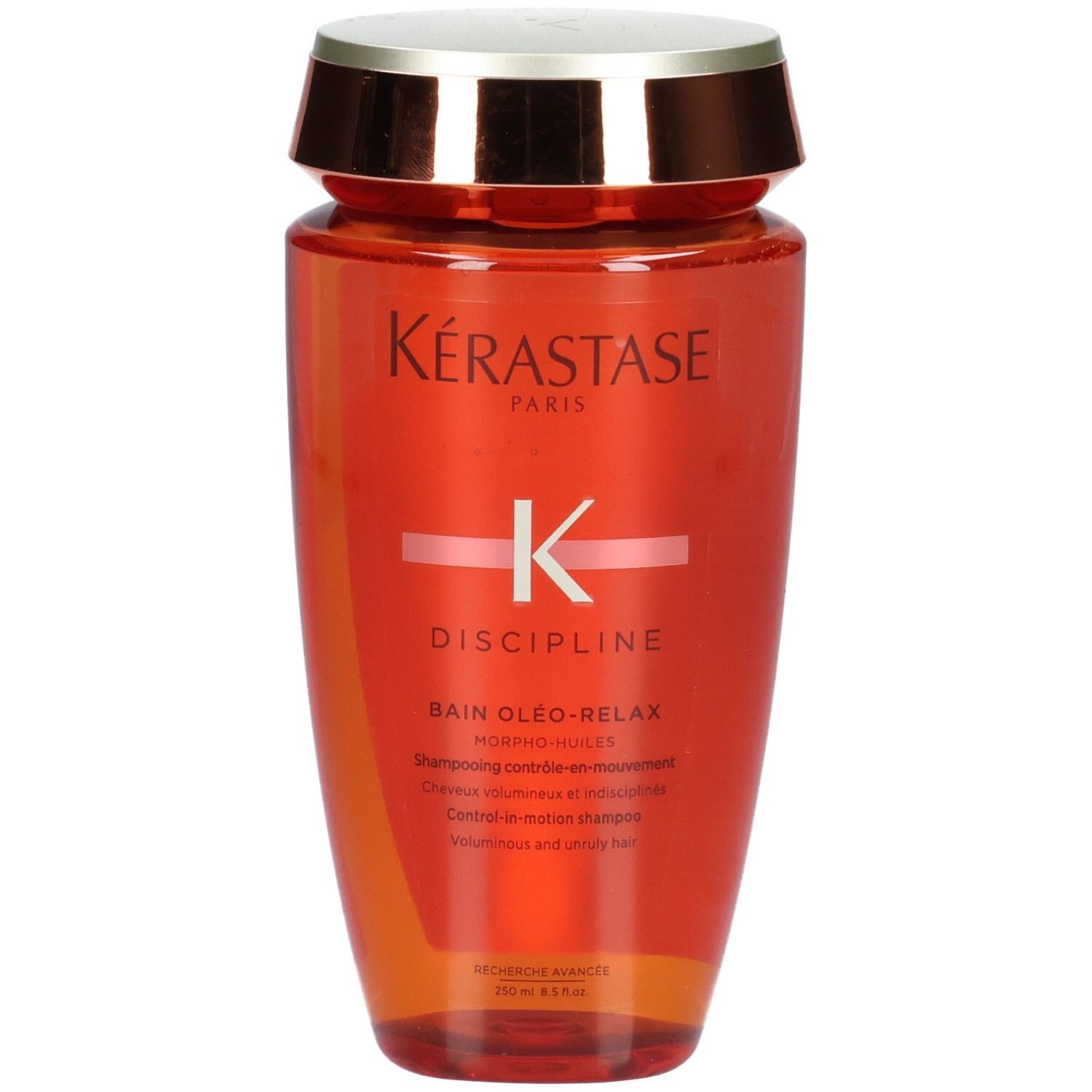 Kérastase Discipline Bain Oleo-Relax Shampoo, 250ml, orangefarbene Flasche mit goldenem Deckel.