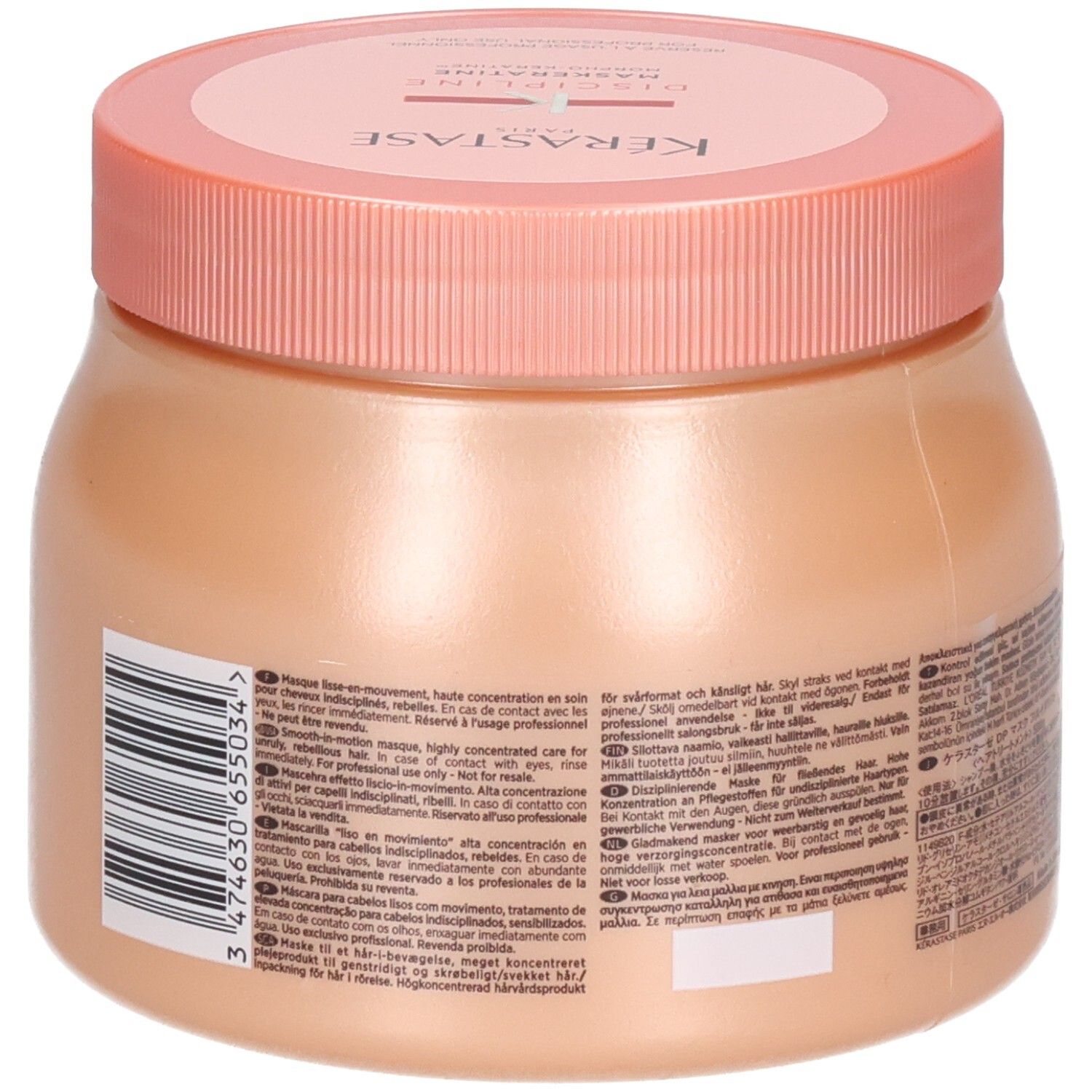 Ein beiger Haarkur-Behälter mit rosa Deckel und Etikett. Enthält Text und Barcode.