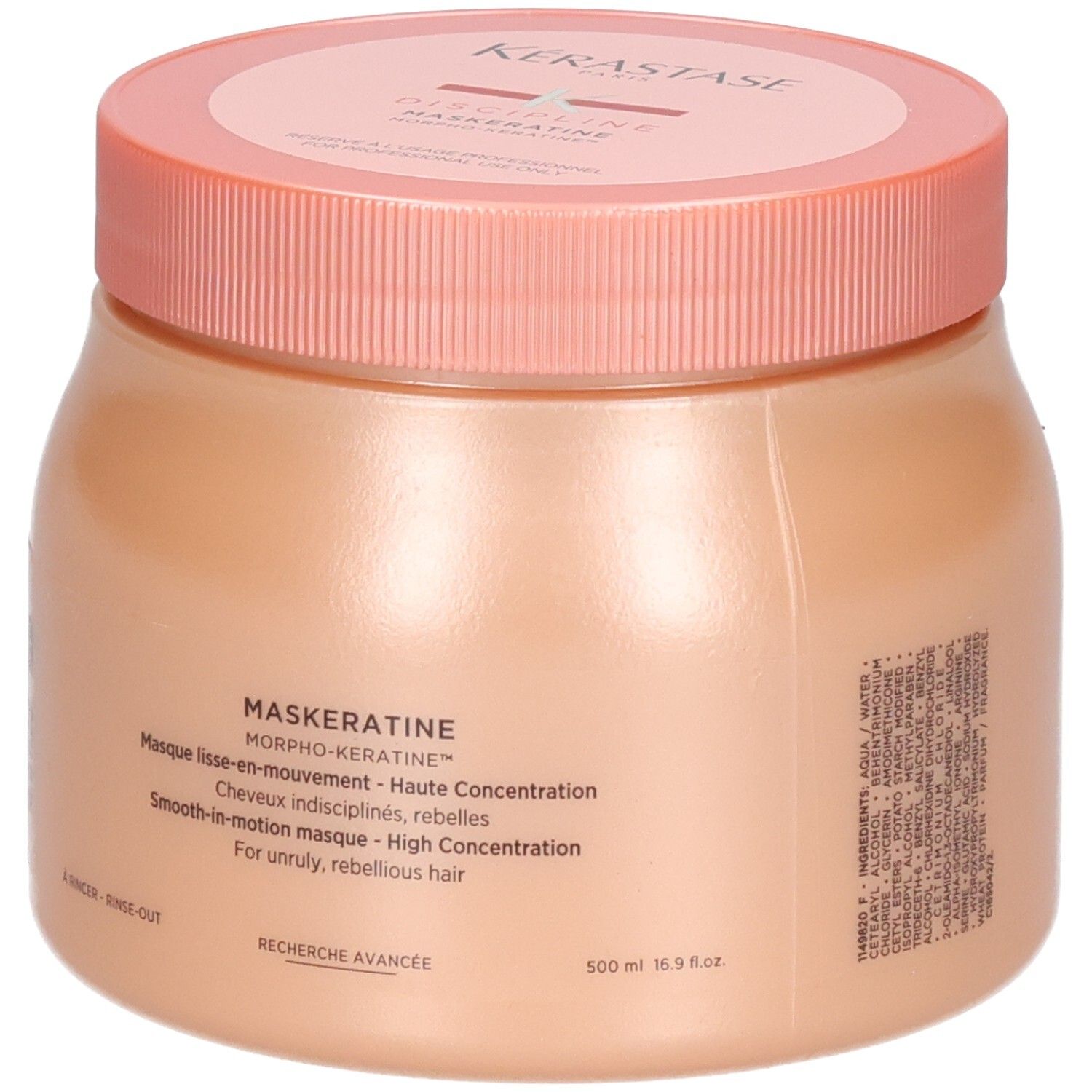 Ein Kérastase Maskeratine Haarkur-Behälter mit rosa Deckel, 500 ml.
