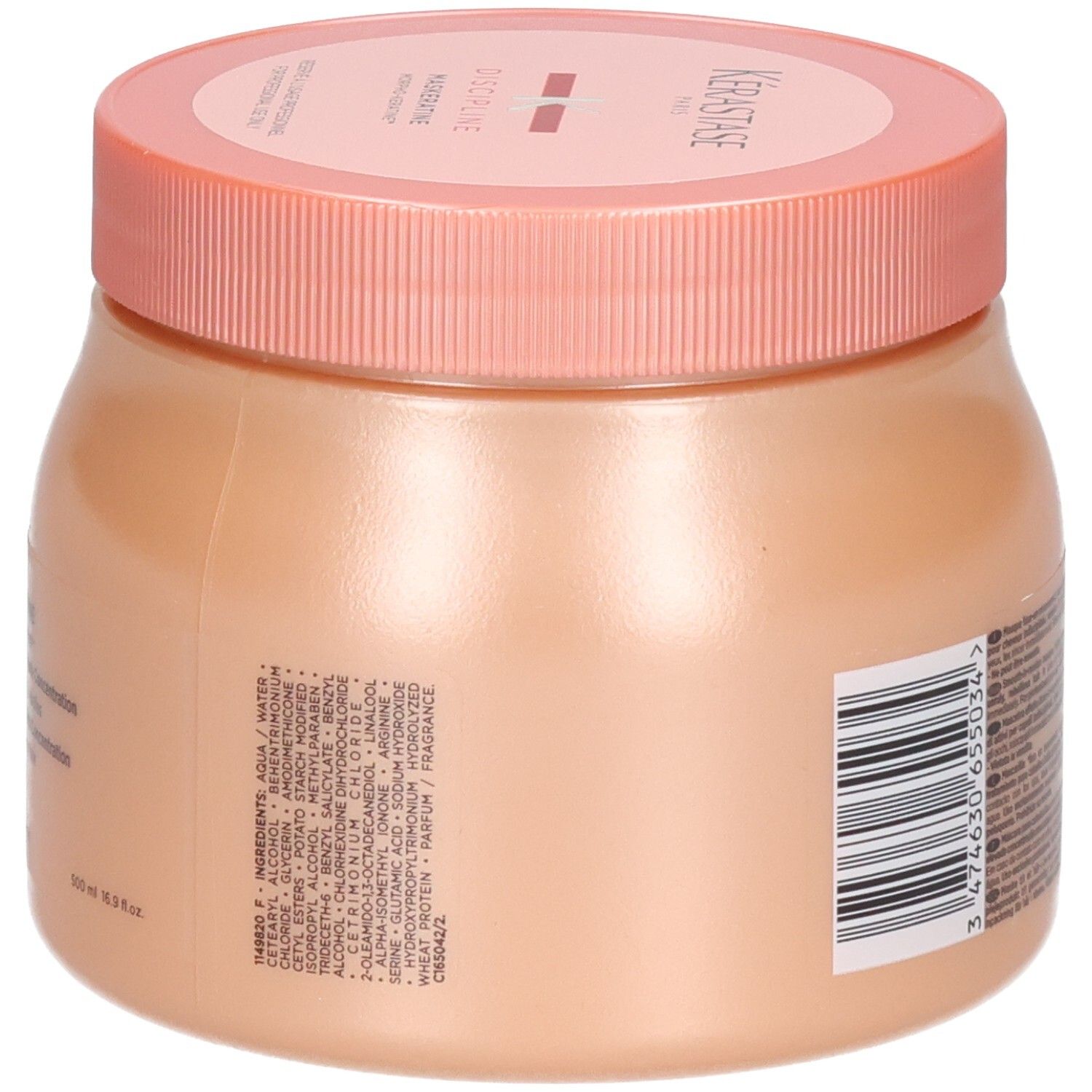 Ein Kérastase Haarpflegeprodukt in einem hellrosa Tiegel mit einem hellrosa Deckel. Enthält Inhaltsstoffe und eine Strichcode.