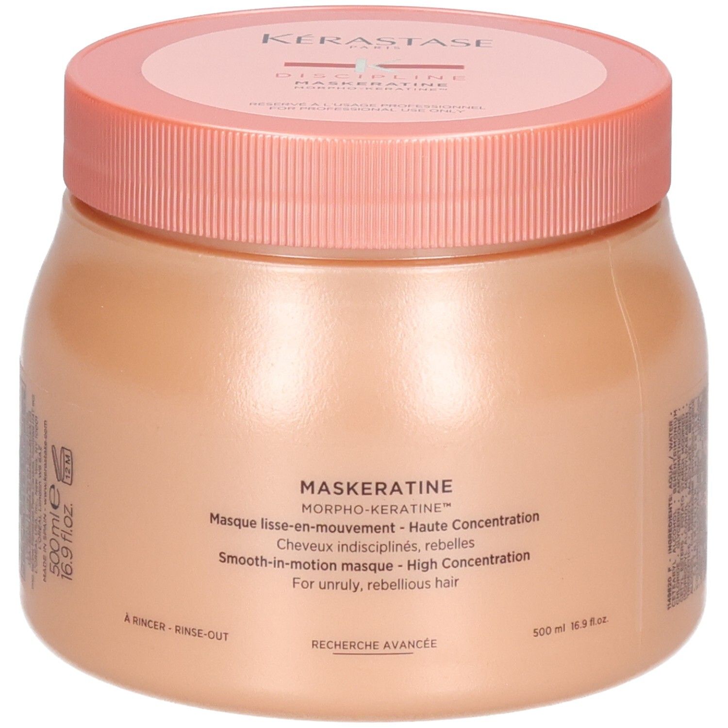 Kerastase Maskeratine Haarkur in einem hellrosa Tiegel mit rosa Deckel. 500 ml.