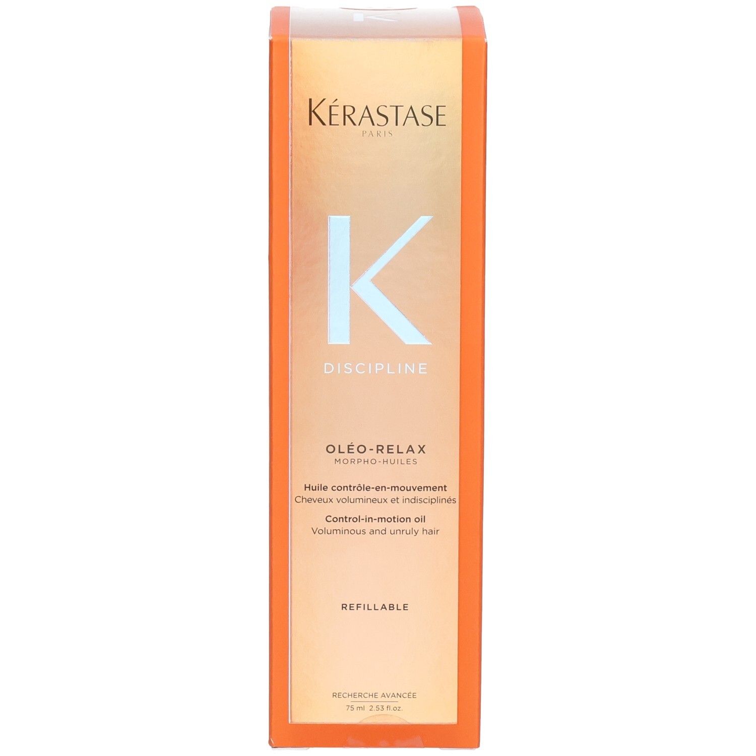 Kérastase Discipline Oleo-Relax Nachfüllöl in orangefarbener Verpackung, Vorderseite mit Logo und Produktbezeichnung.