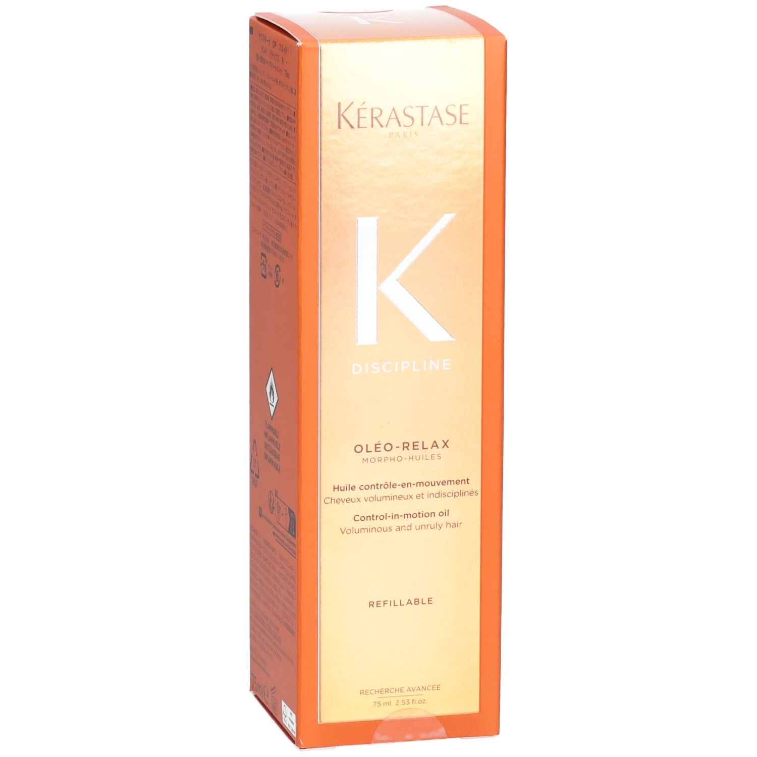 Kérastase Discipline Oleo-Relax Nachfüllöl, Vorderseite der orangefarbenen Verpackung mit Logo und Produktbezeichnung.