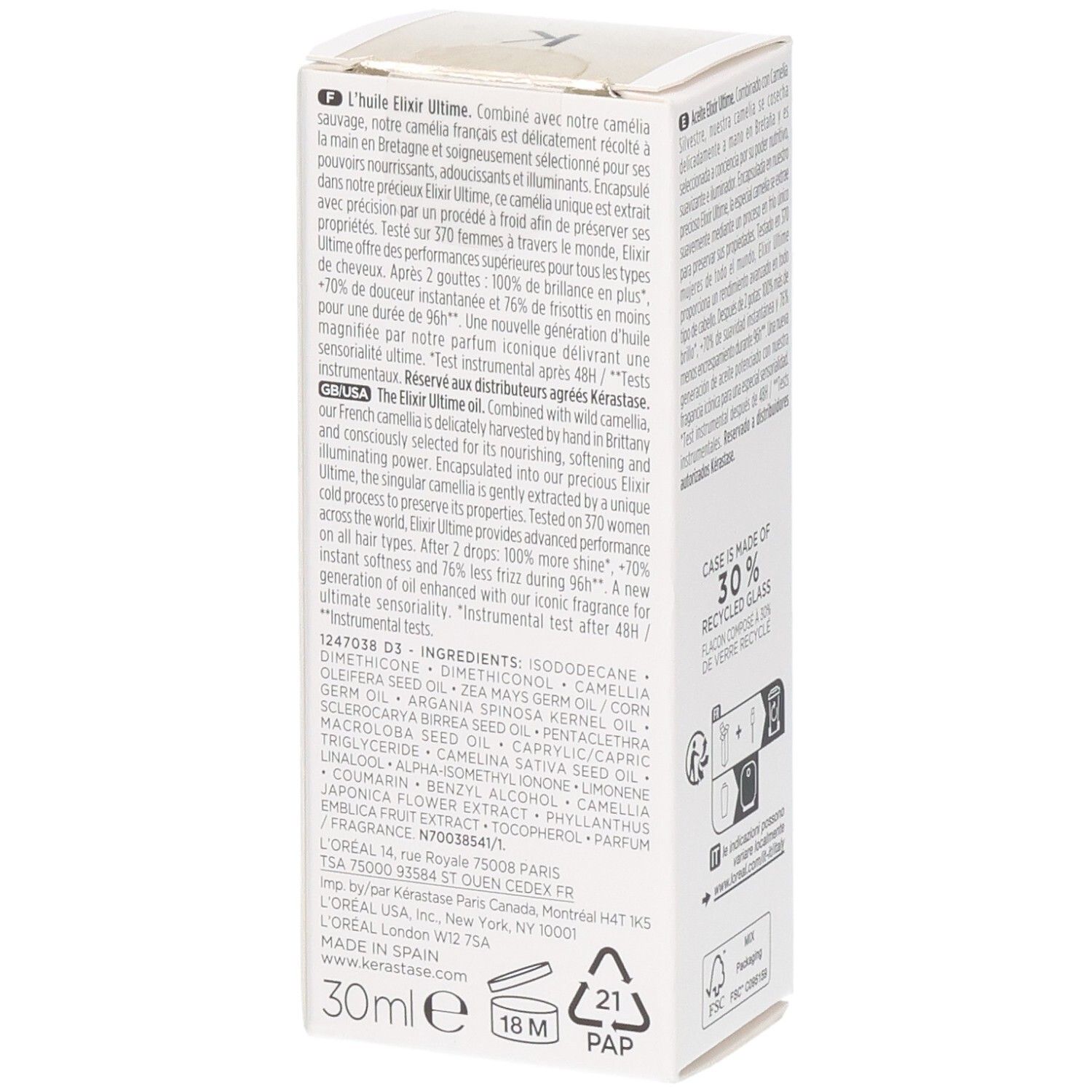 KÉRASTASE Elixir Ultime L’Huile Originale, Inhaltsstoffe und Anwendungshinweise auf der Verpackung.
