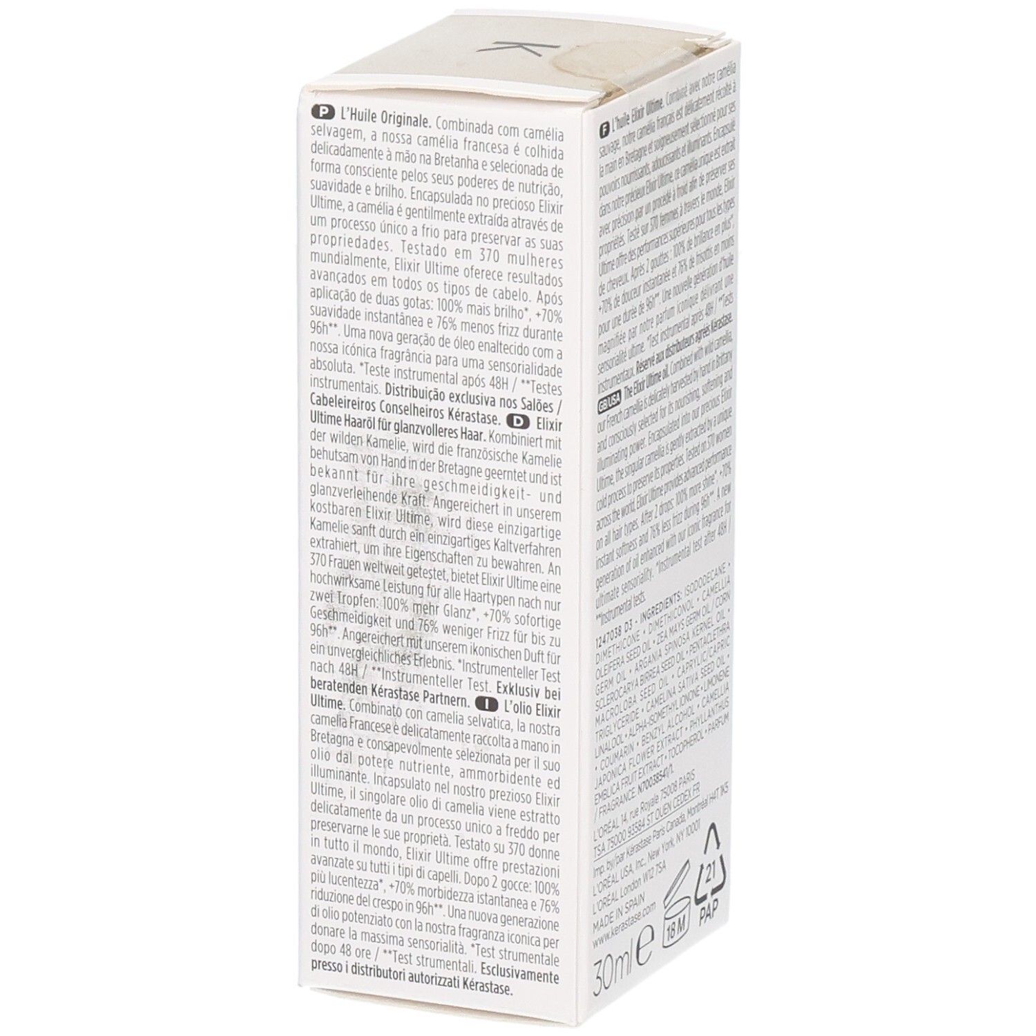 KÉRASTASE Elixir Ultime L’Huile Originale, Informationen auf Deutsch, Englisch und Französisch.
