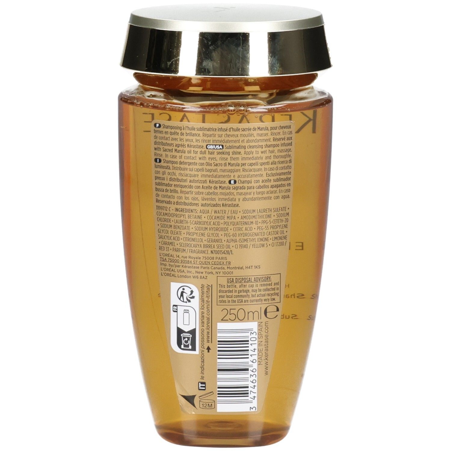 Rückseite der Kérastase Elixir Ultime Le Bain Shampoo 250ml Flasche mit Produktinformationen.