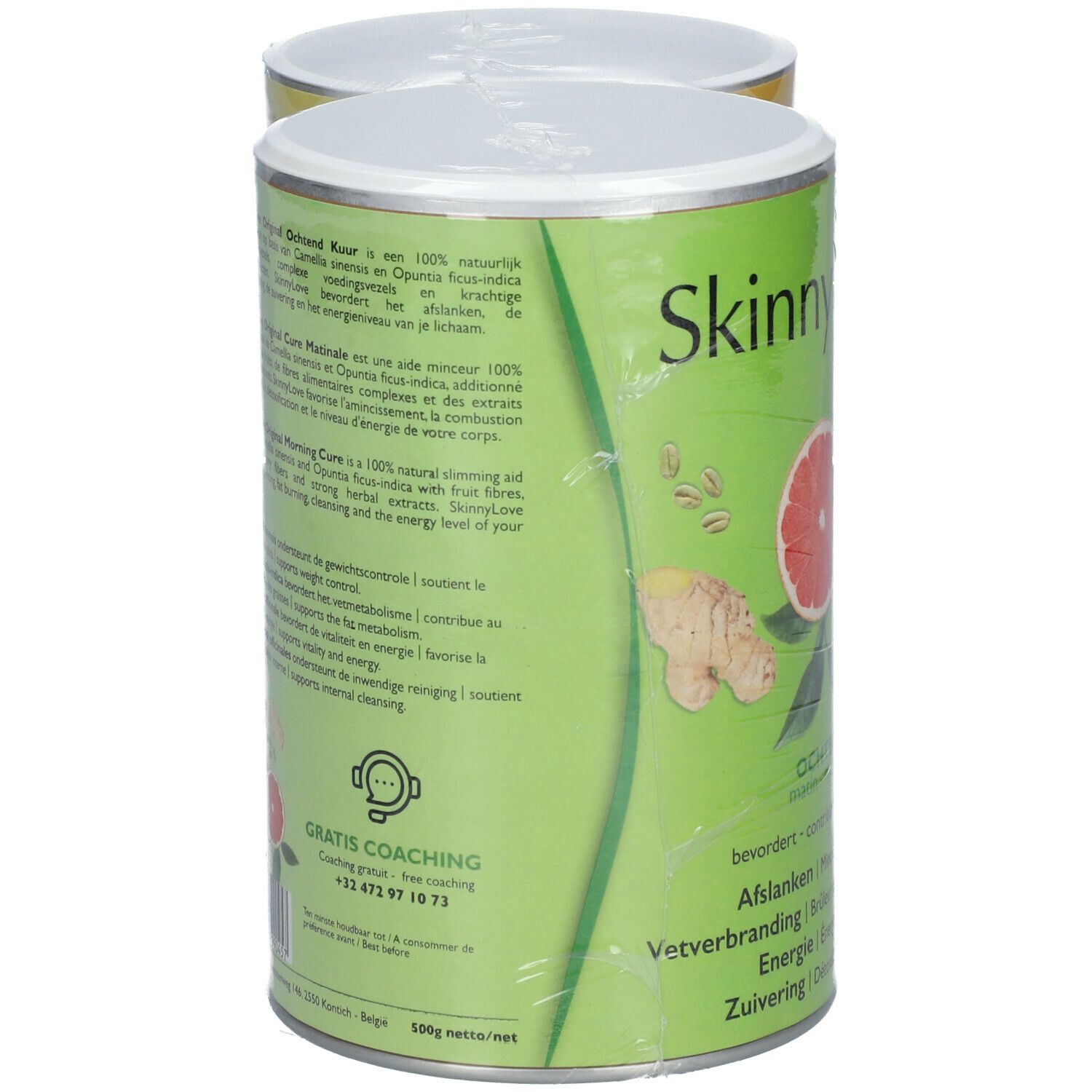 Groen blik SkinnyLove Original met grapefruit en gember. Blik verpakt in folie. Tekst: Gratis Coaching, 500g netto.