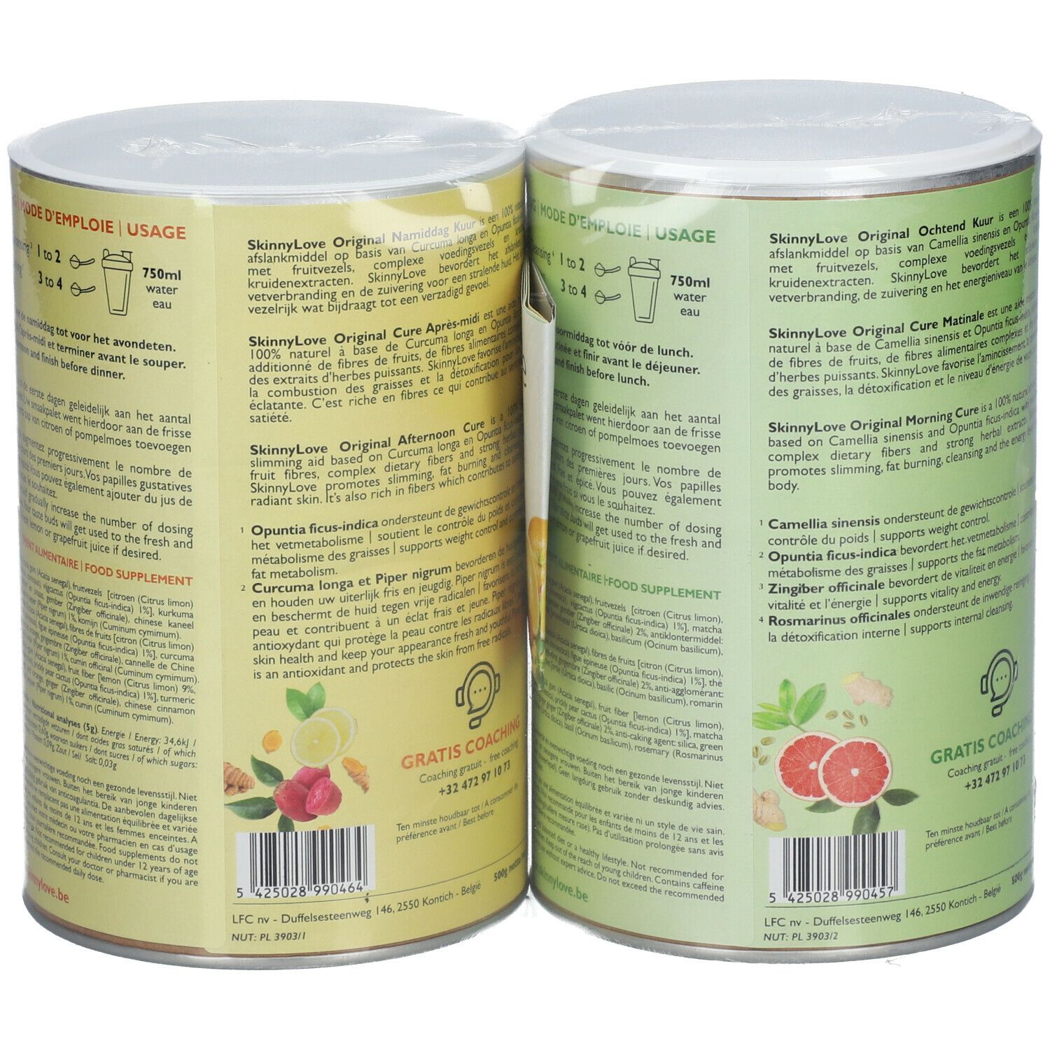 Twee SkinnyLove Original blikken, achterkant. Tekst: Gebruiksaanwijzing, ingrediënten, voedingsanalyse. Beide blikken zijn verpakt in folie.