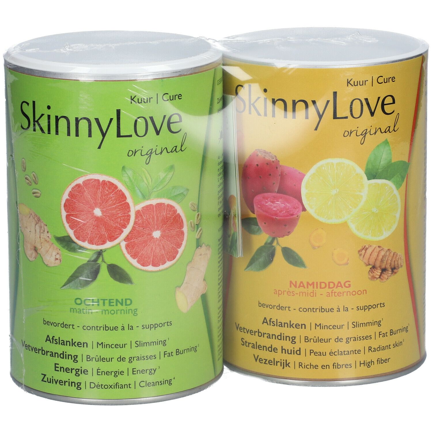 Twee SkinnyLove Original blikken. Een groen blik met grapefruit, de andere gele blik met citrusvruchten. Beide blikken zijn verpakt in folie.