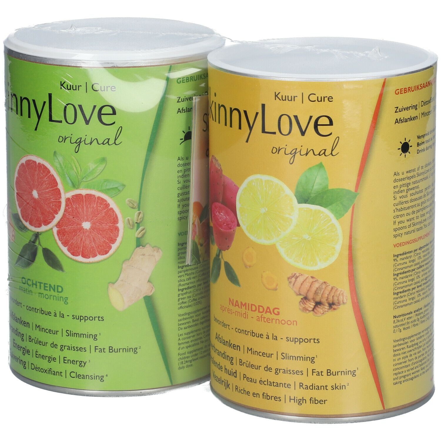 Twee SkinnyLove Original blikken. Een groen blik met grapefruit, de andere gele blik met citrusvruchten. Beide blikken zijn verpakt in folie.