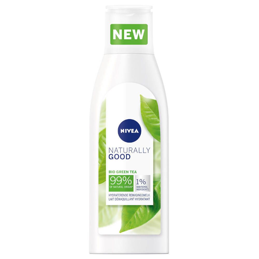 Weiße Flasche mit grünem Etikett. Aufschrift: NIVEA, Naturally Good, Bio Green Tea. Mit grünen Blättern.