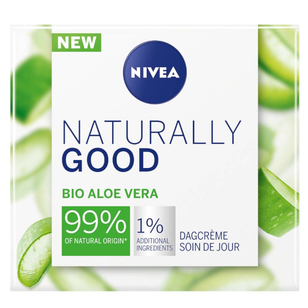 Emballage NIVEA Naturally Good crème de jour. Texte: 99% d'origine naturelle, Bio Aloe Vera. Vert et blanc.