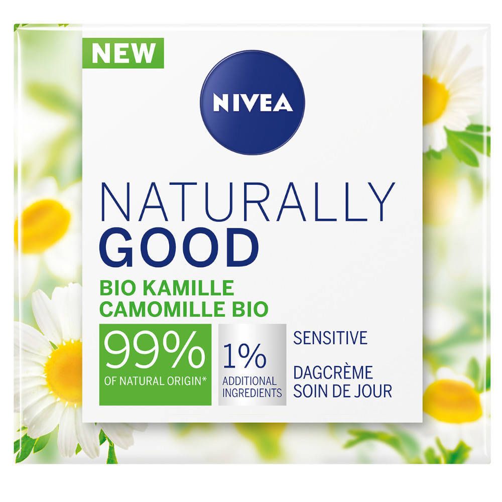 Verpackung mit NIVEA Naturally Good Tagespflege. Text: Bio-Kamille, 99% natürlichen Ursprungs, 1% zusätzliche Inhaltsstoffe.