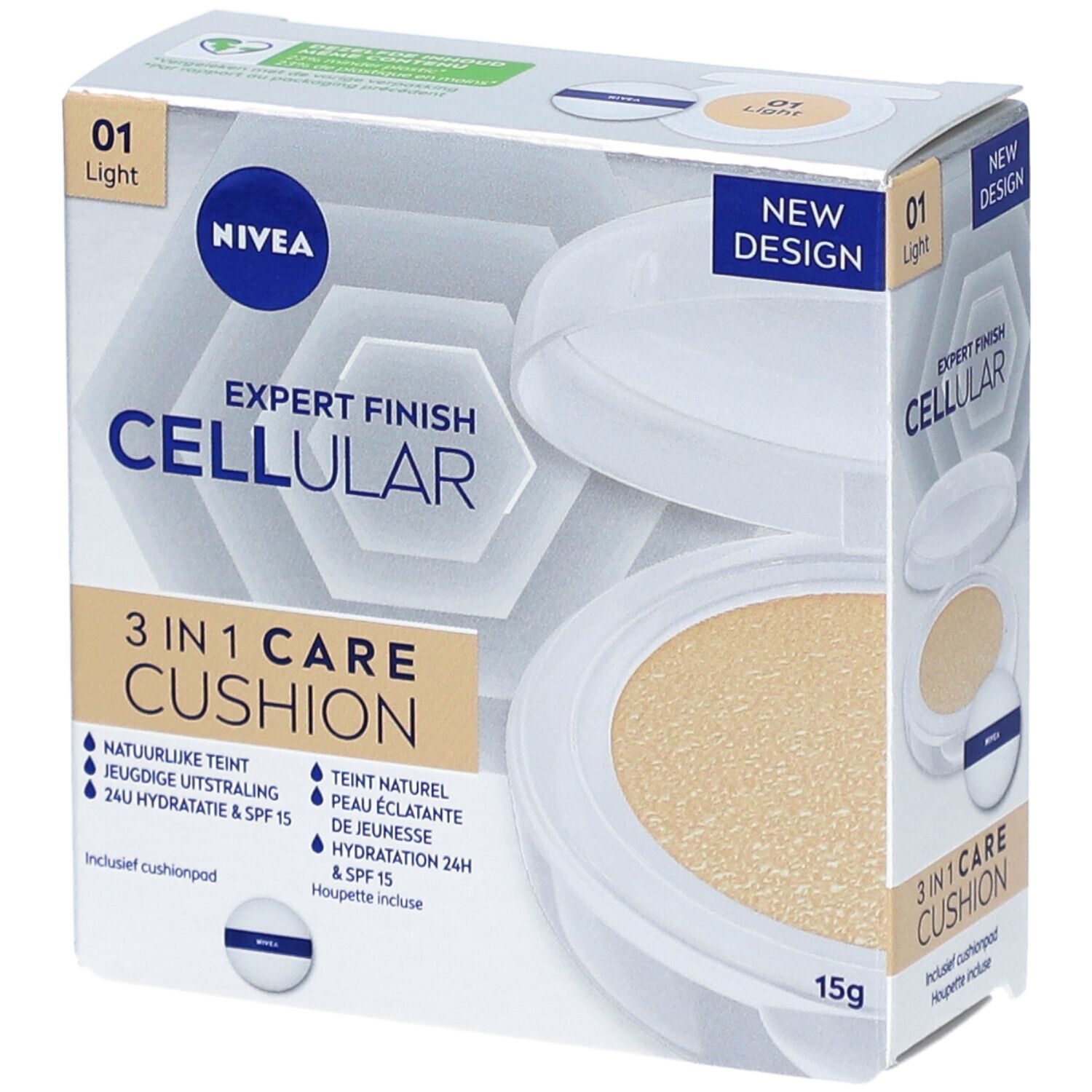 NIVEA Cellular 3-in-1 Care Cushion. Verpackung mit Produkt und Schwämmchen. Farbton 01 Light. 15g.