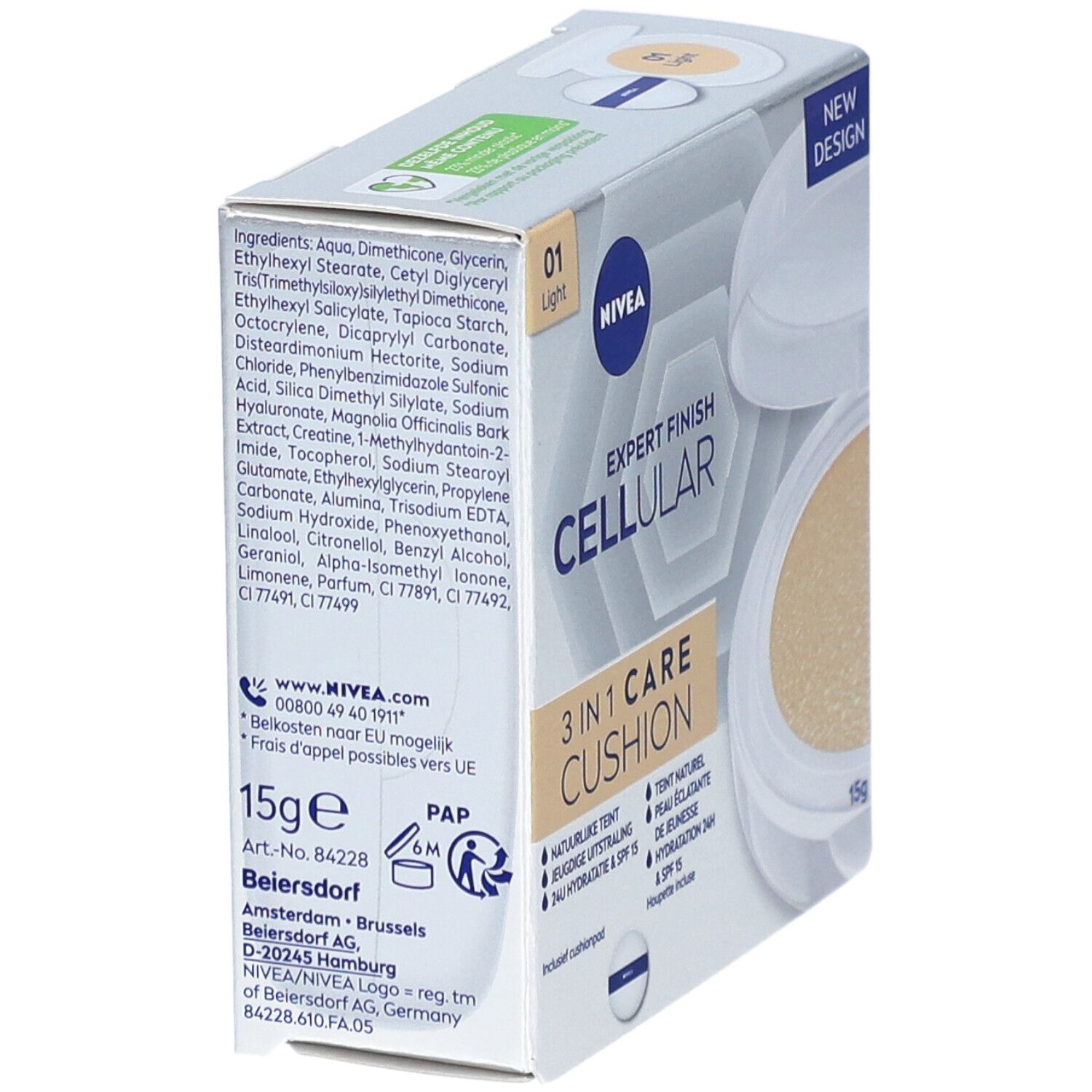 Rückseite der NIVEA Cellular 3-in-1 Care Cushion Verpackung. Zutatenliste, Herstellerinformationen und Recycling-Symbole.